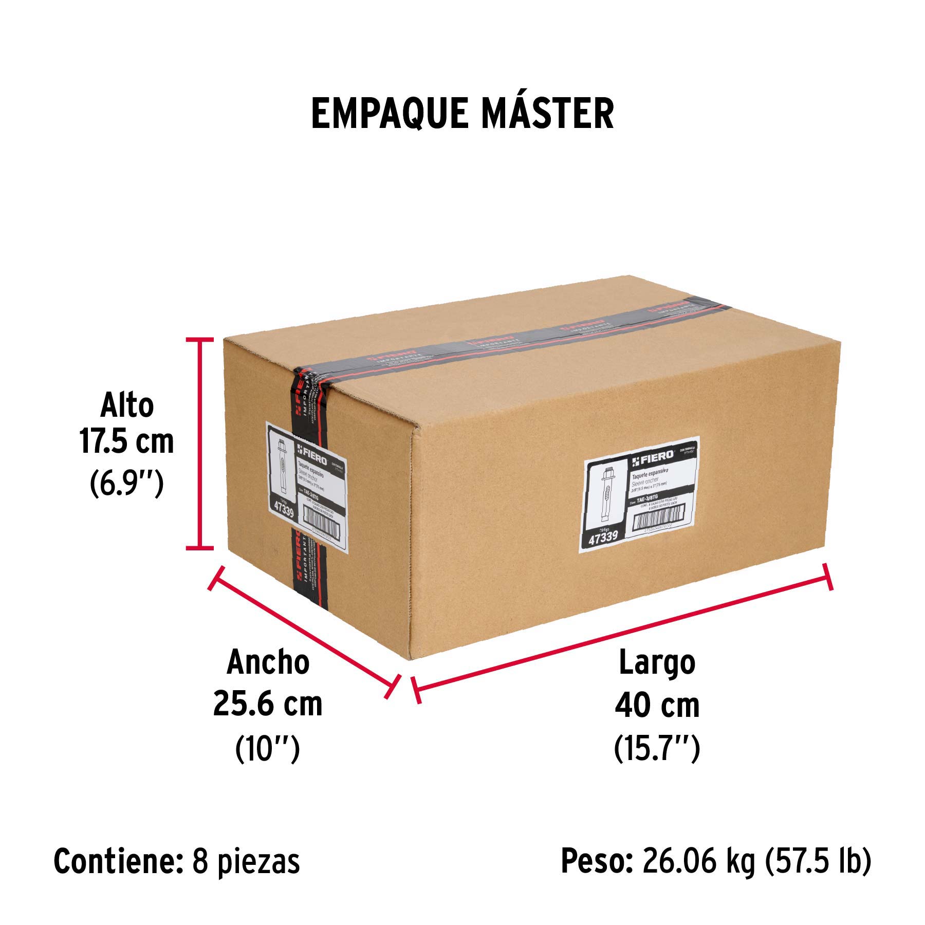 Caja con 50 taquetes expansivos de 3/8" con tornillo, FIERO - Empaque