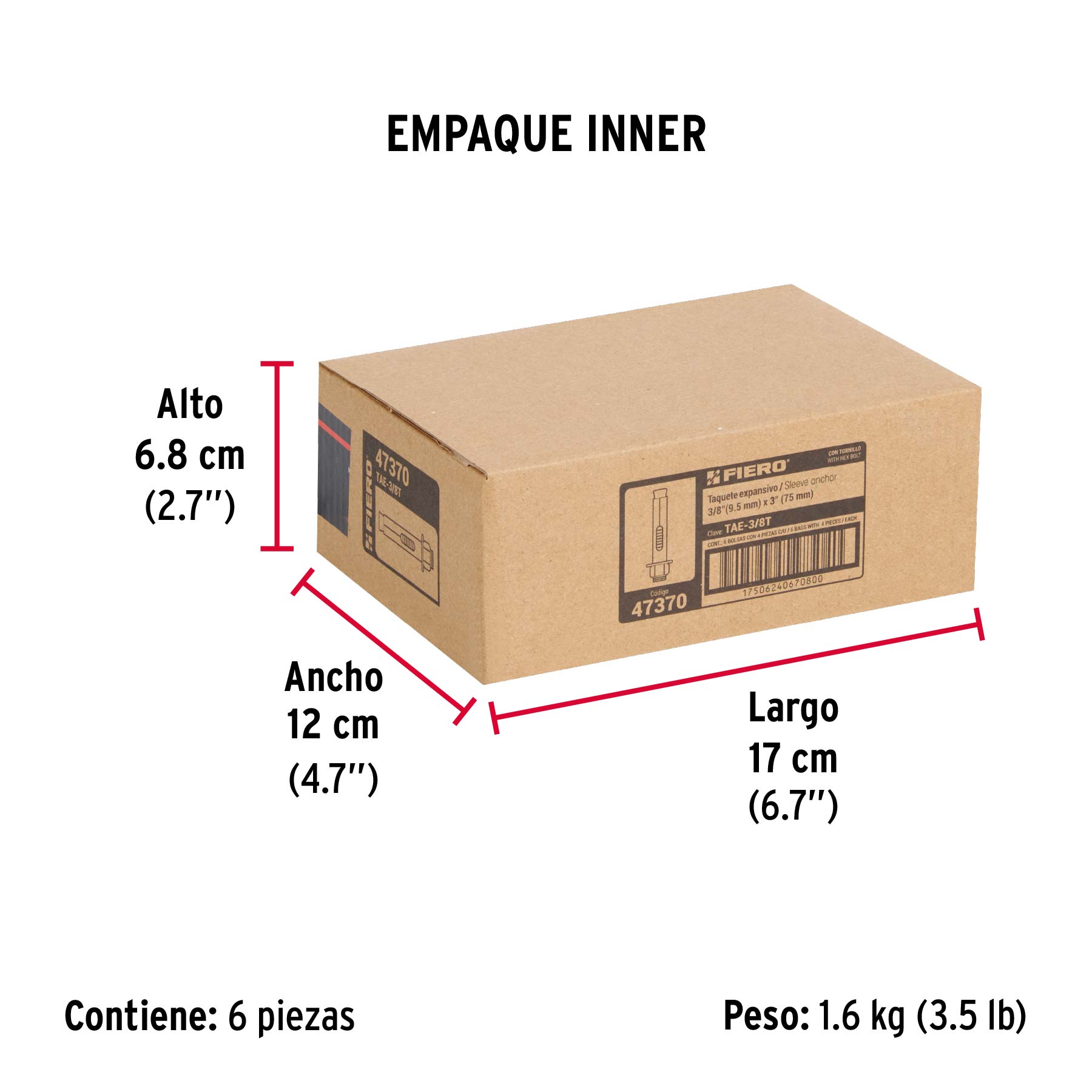 Bolsa con 4 taquetes expansivos de 3/8" con tornillo, FIERO - Empaque