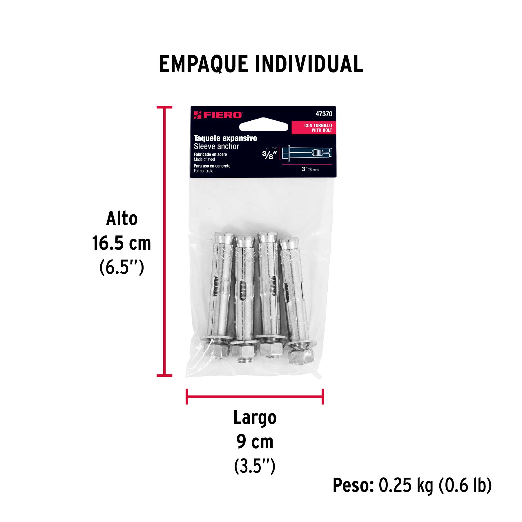 Bolsa con 4 taquetes expansivos de 3/8" con tornillo, FIERO - Empaque