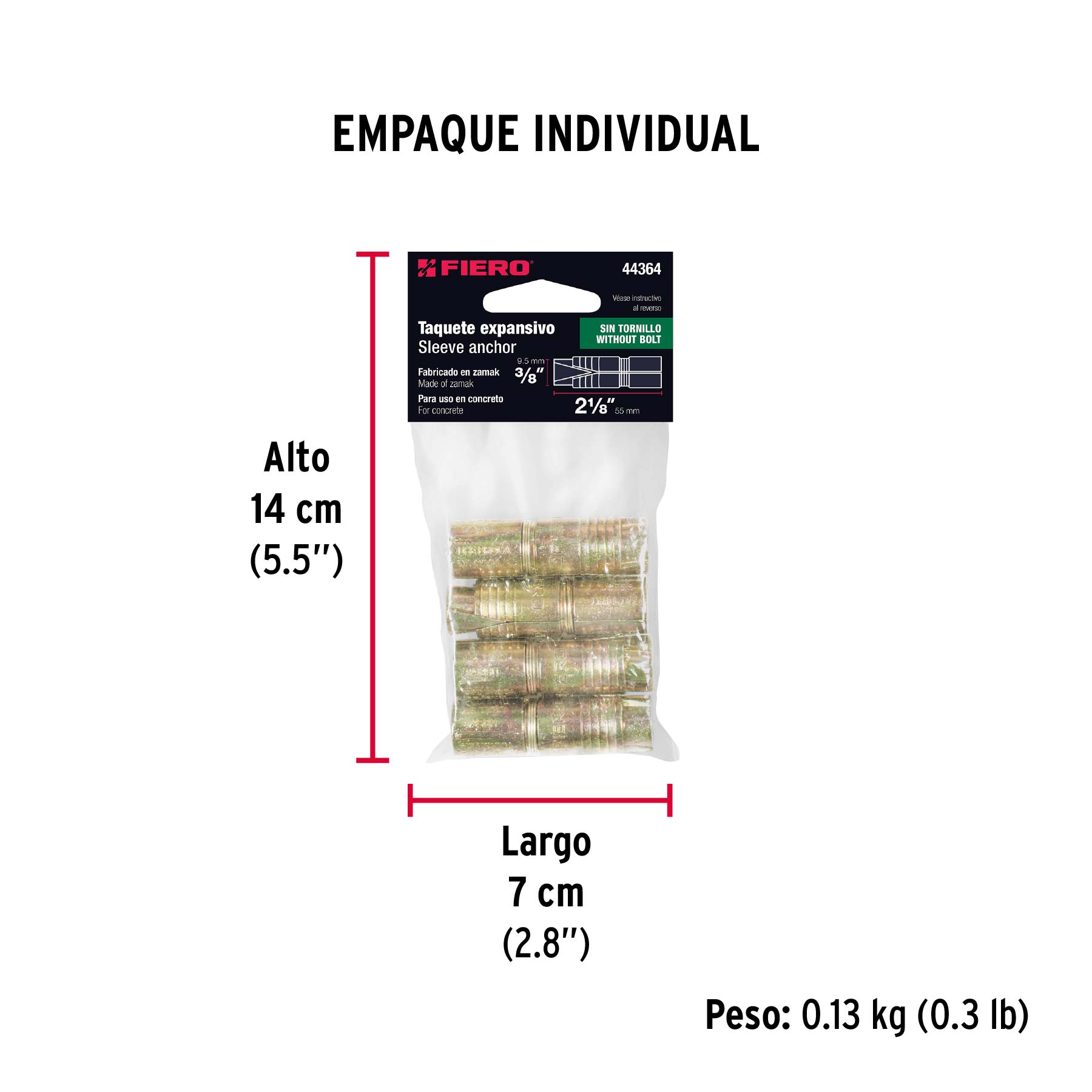 Bolsa con 4 taquetes expansivos de 3/8" sin tornillo, FIERO - Empaque