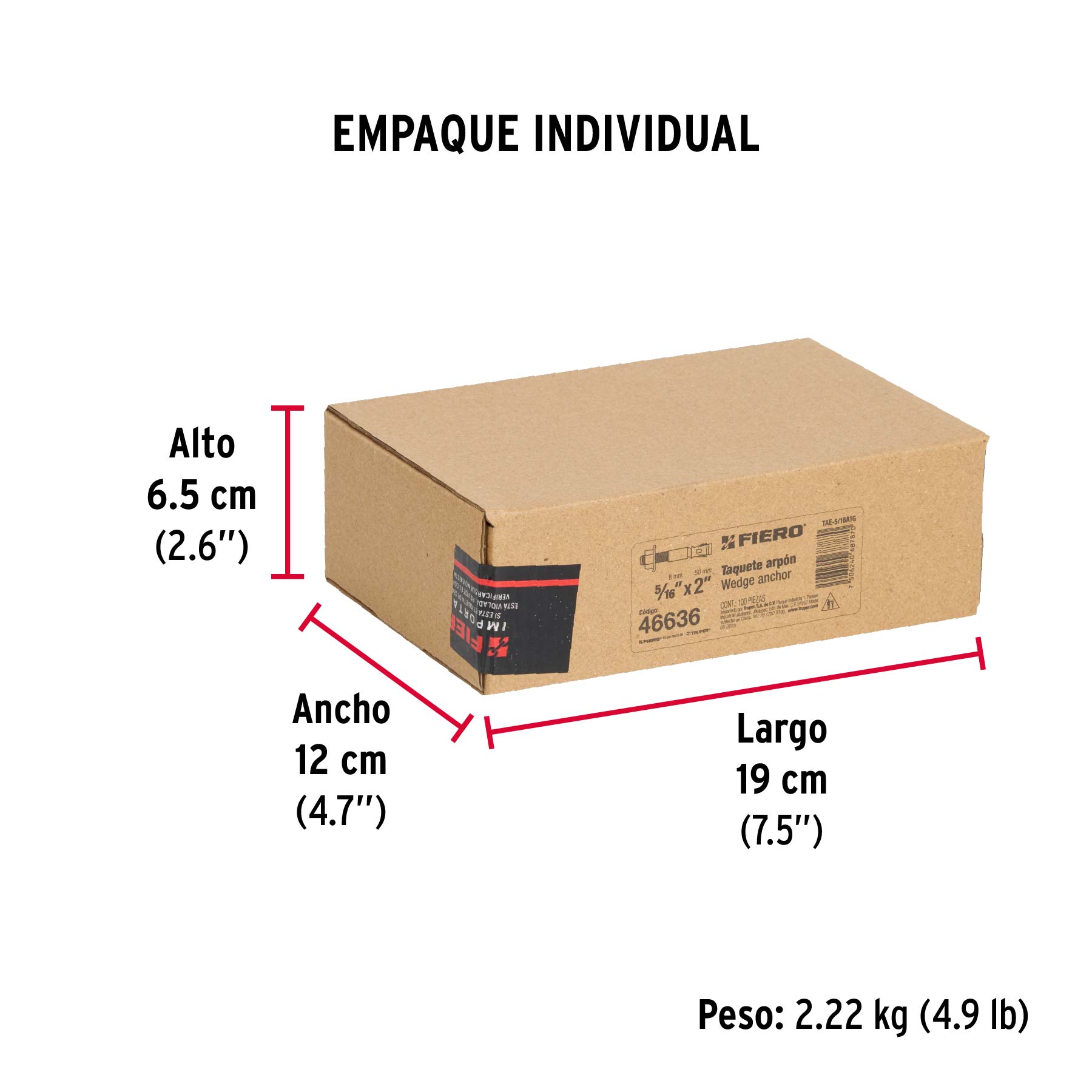 Caja con 100 taquetes arpón de 5/16" x 2", FIERO - Empaque