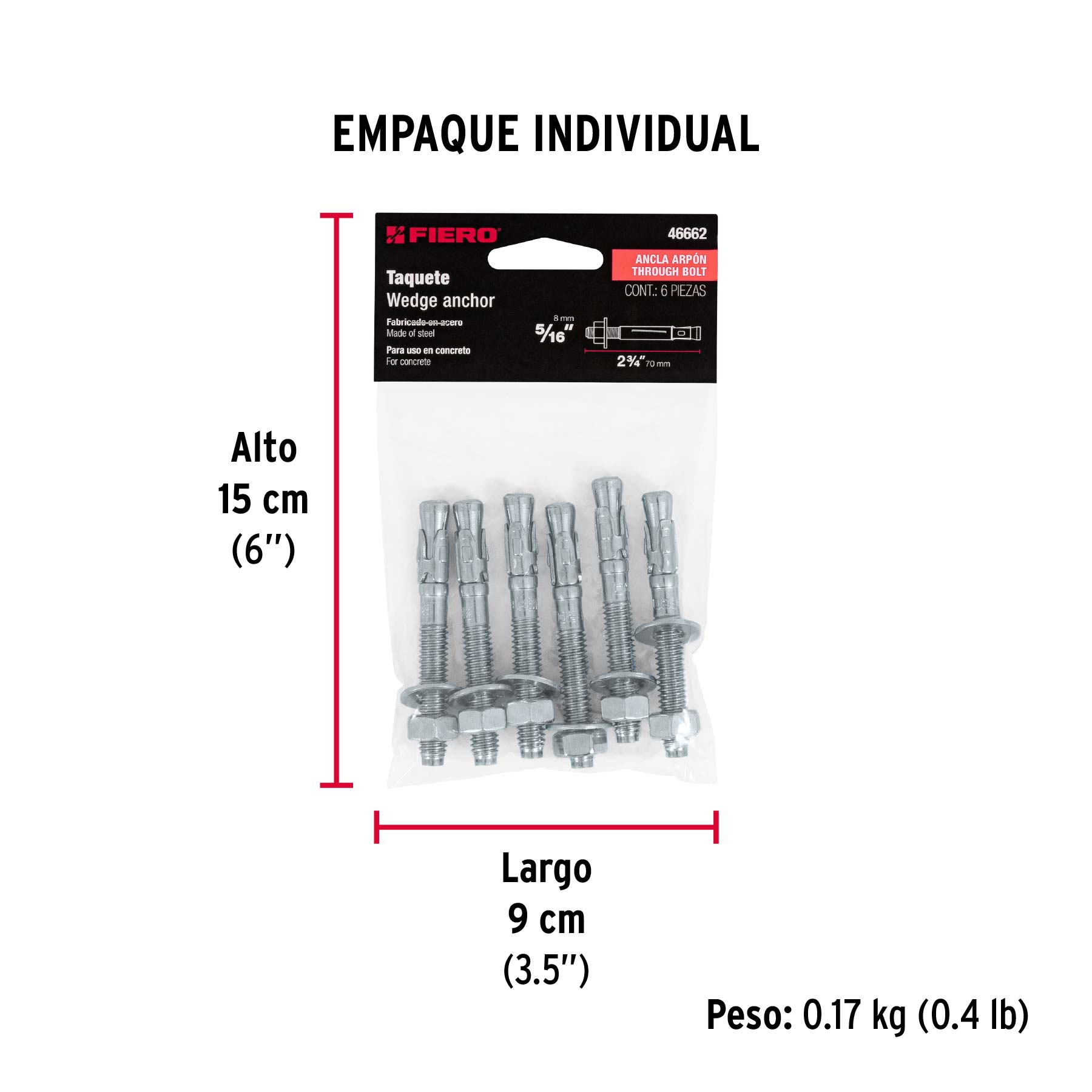Bolsa con 6 taquetes arpón 5/16" x 2-3/4", FIERO - Empaque