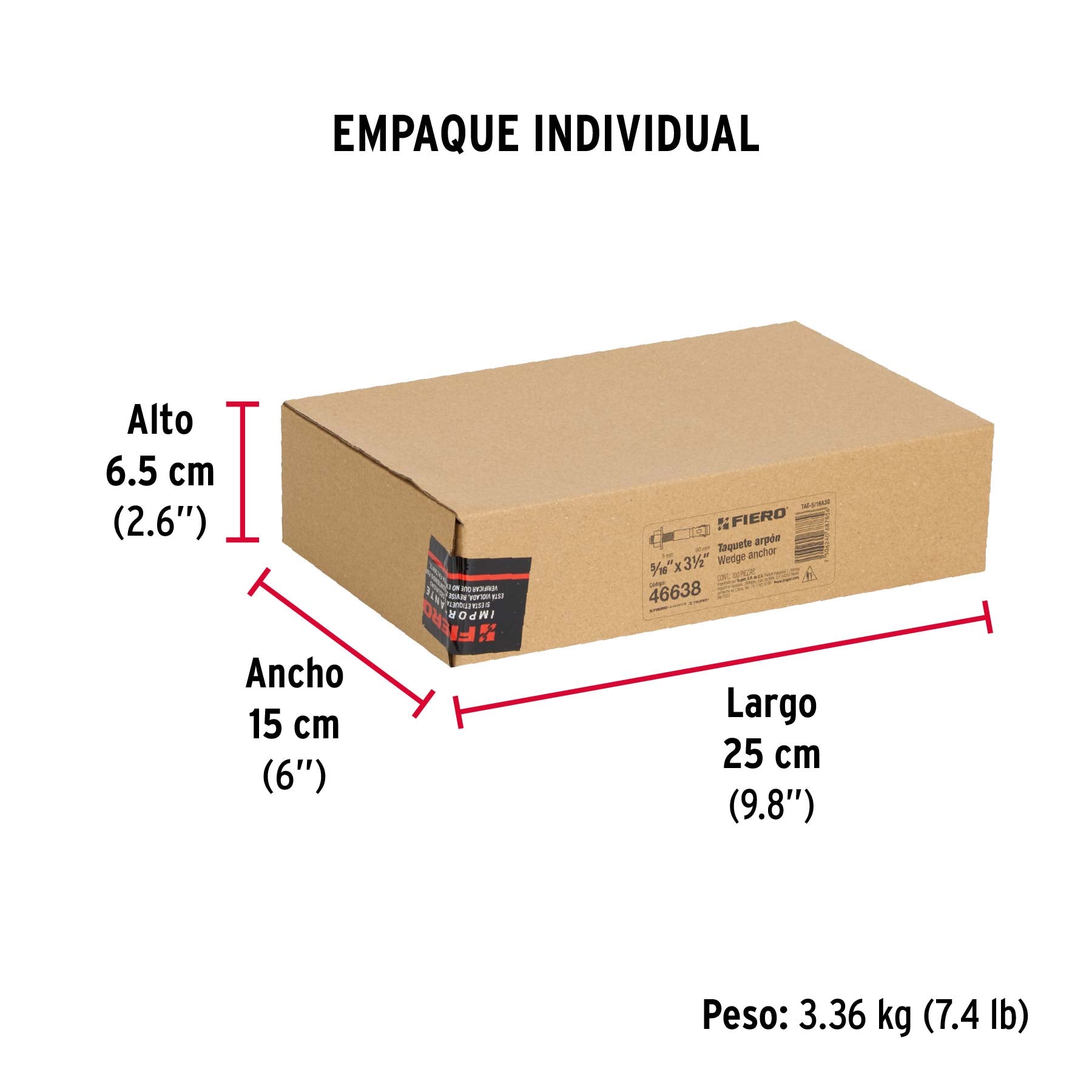 Caja con 100 taquetes arpón de 5/16" x 3-1/2", FIERO - Empaque