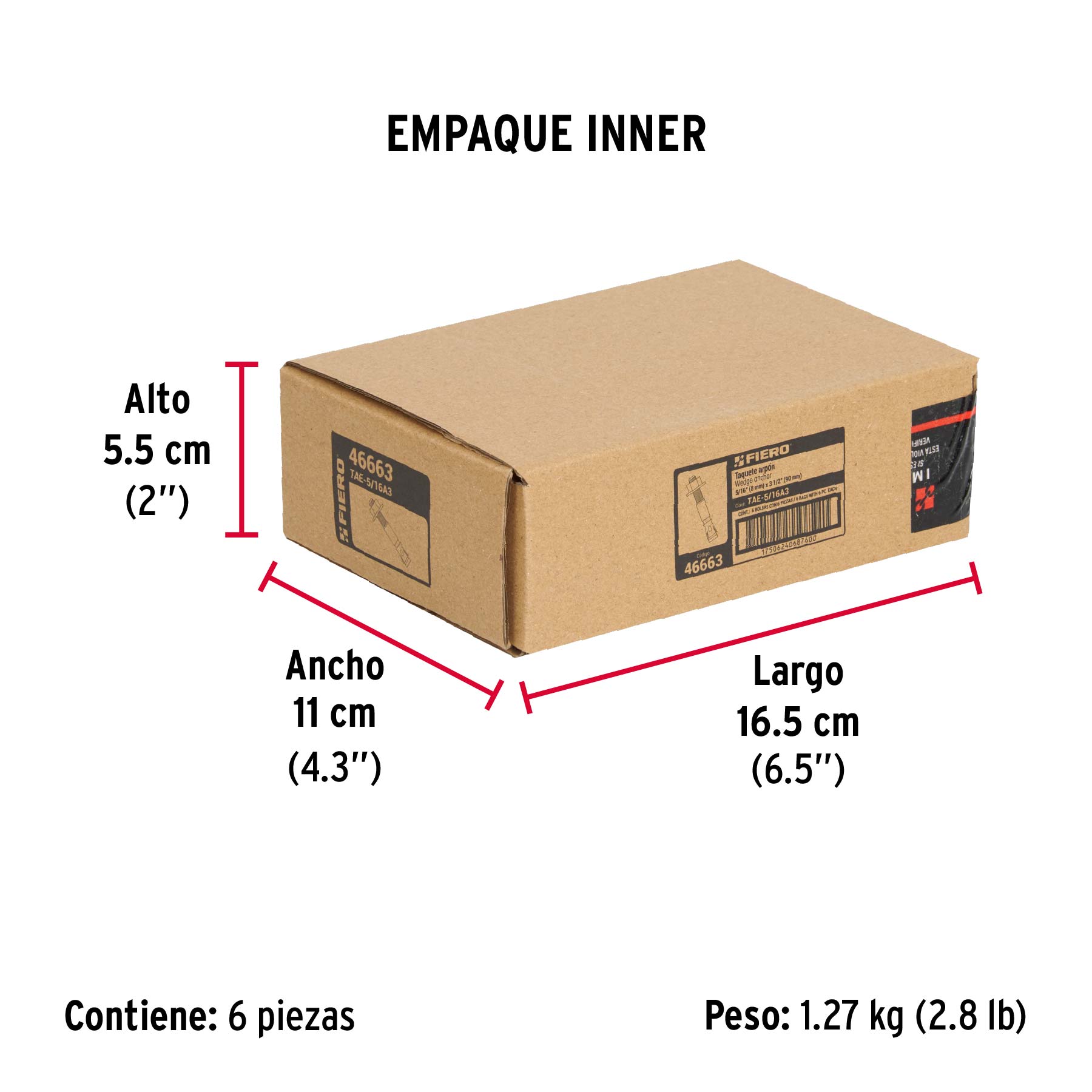 Bolsa con 6 taquetes arpón 5/16" x 3-1/2", FIERO - Empaque