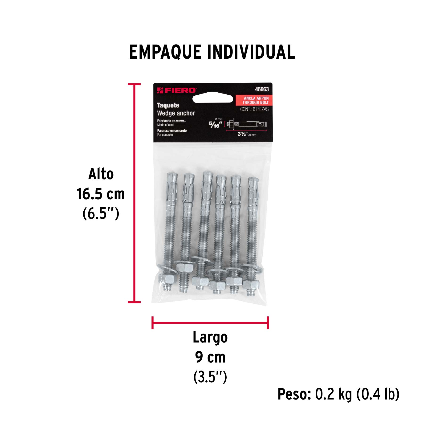 Bolsa con 6 taquetes arpón 5/16" x 3-1/2", FIERO - Empaque
