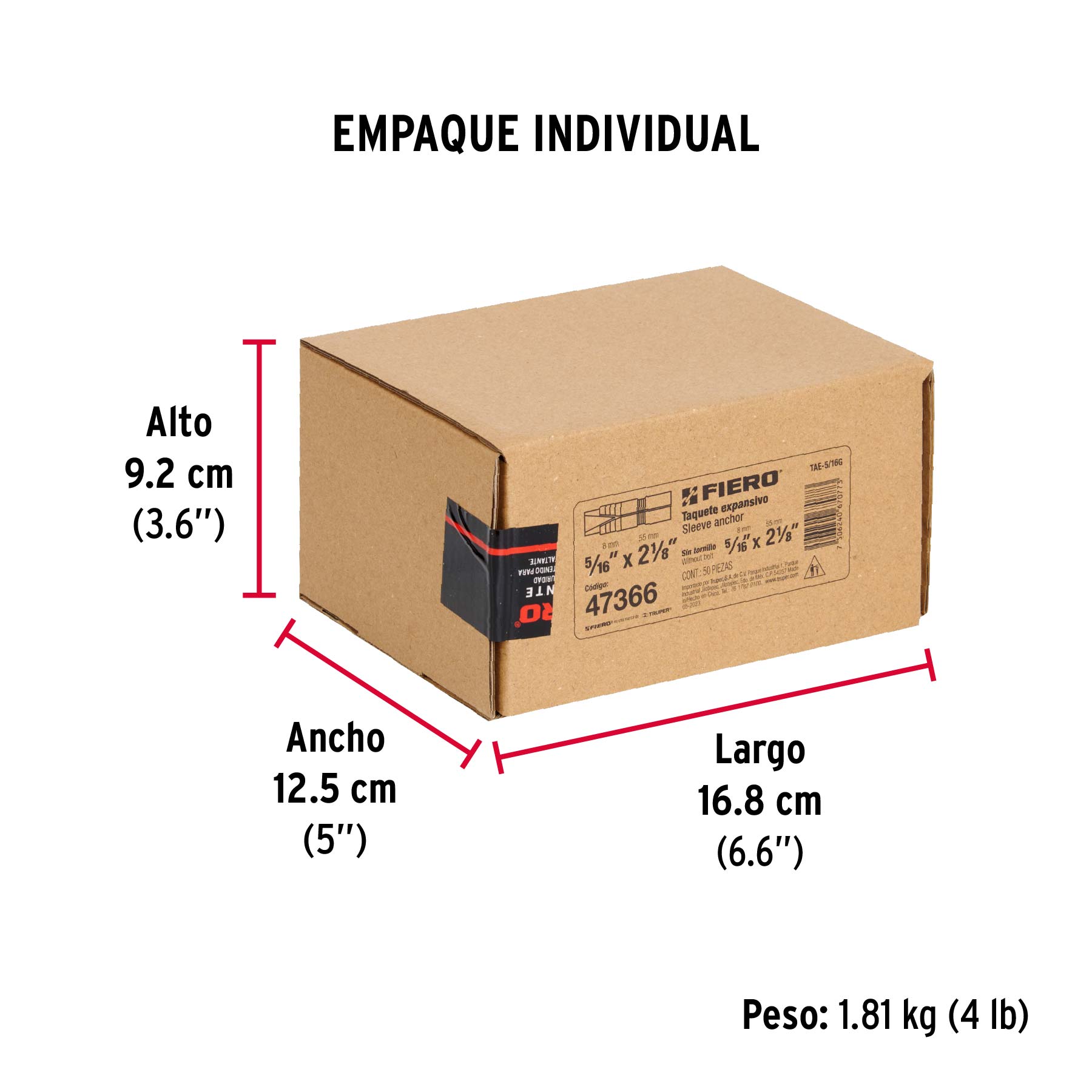 Caja con 50 taquetes expansivos de 5/16" sin tornillo, FIERO - Empaque