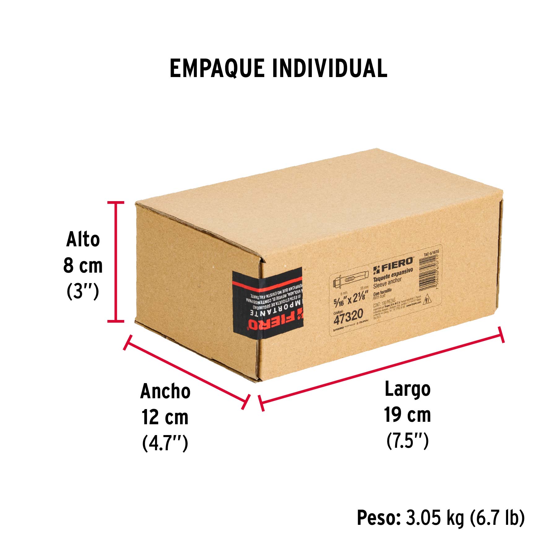 Caja con 100 taquetes expansivos de 5/16" con tornillo FIERO - Empaque