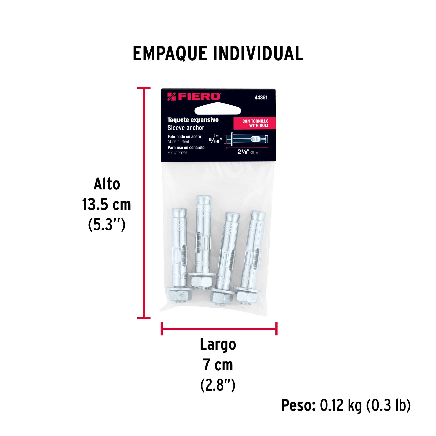 Bolsa con 4 taquetes expansivos de 5/16" con tornillo, FIERO - Empaque