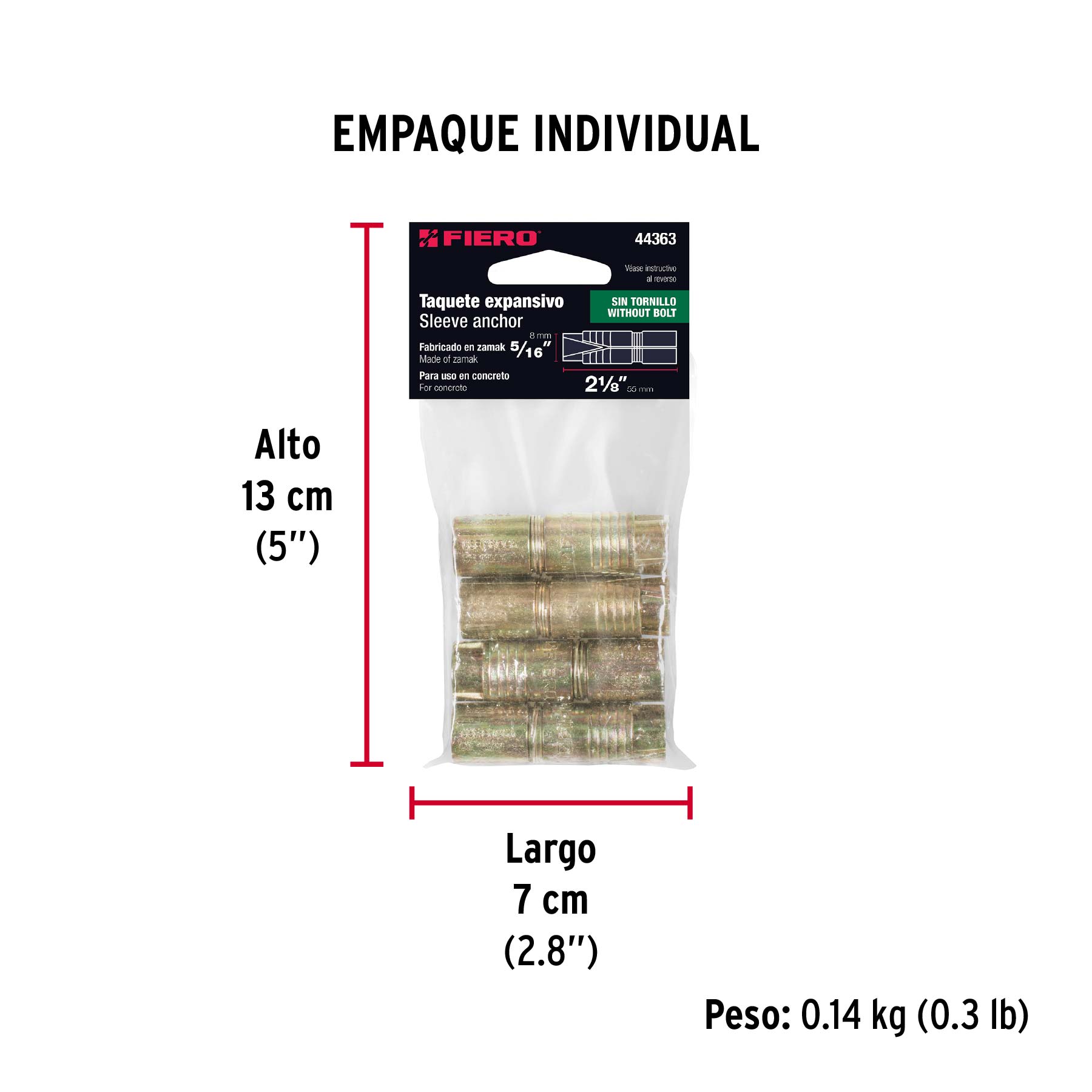 Bolsa con 4 taquetes expansivos de 5/16" sin tornillo, FIERO - Empaque