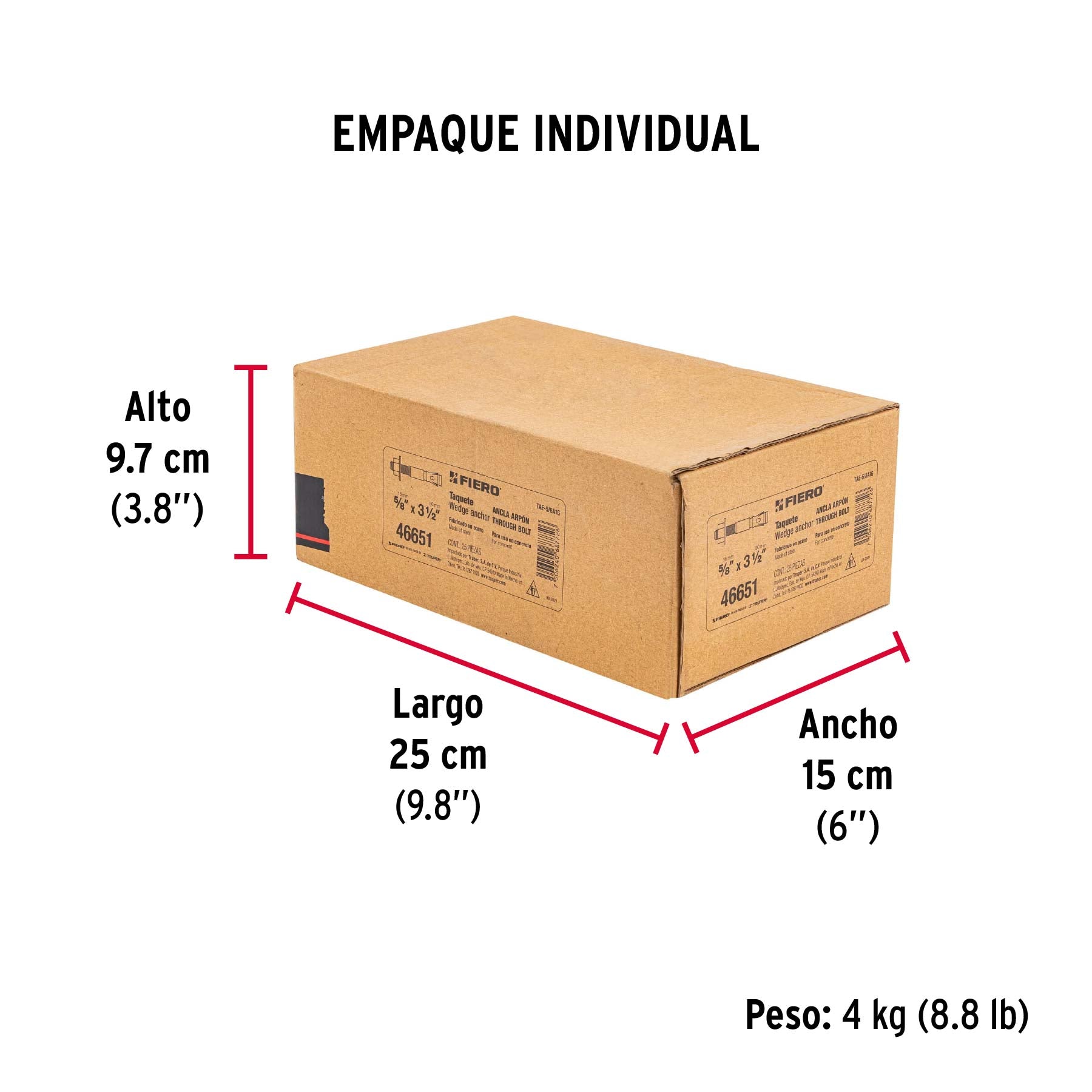 Caja con 25 taquetes arpón de 5/8" x 3-1/2", FIERO - Empaque