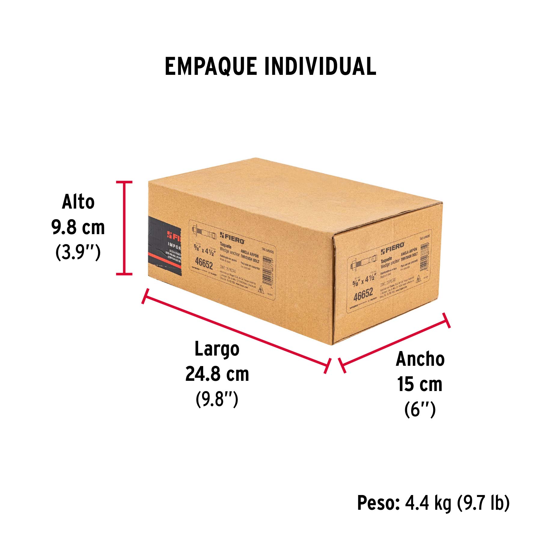 Caja con 25 taquetes arpón de 5/8" x 4-1/2", FIERO - Empaque
