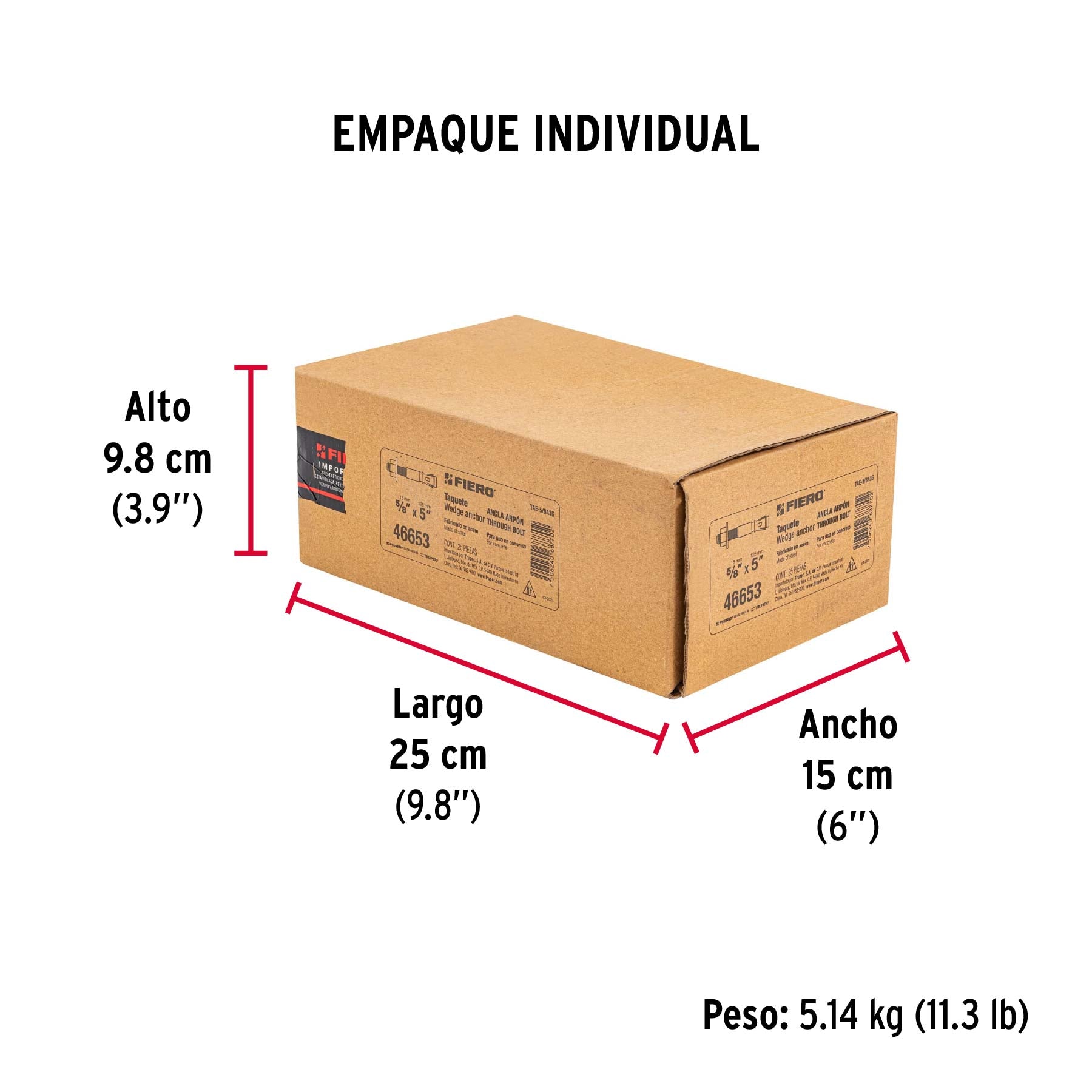 Caja con 25 taquetes arpón de 5/8" x 5", FIERO - Empaque