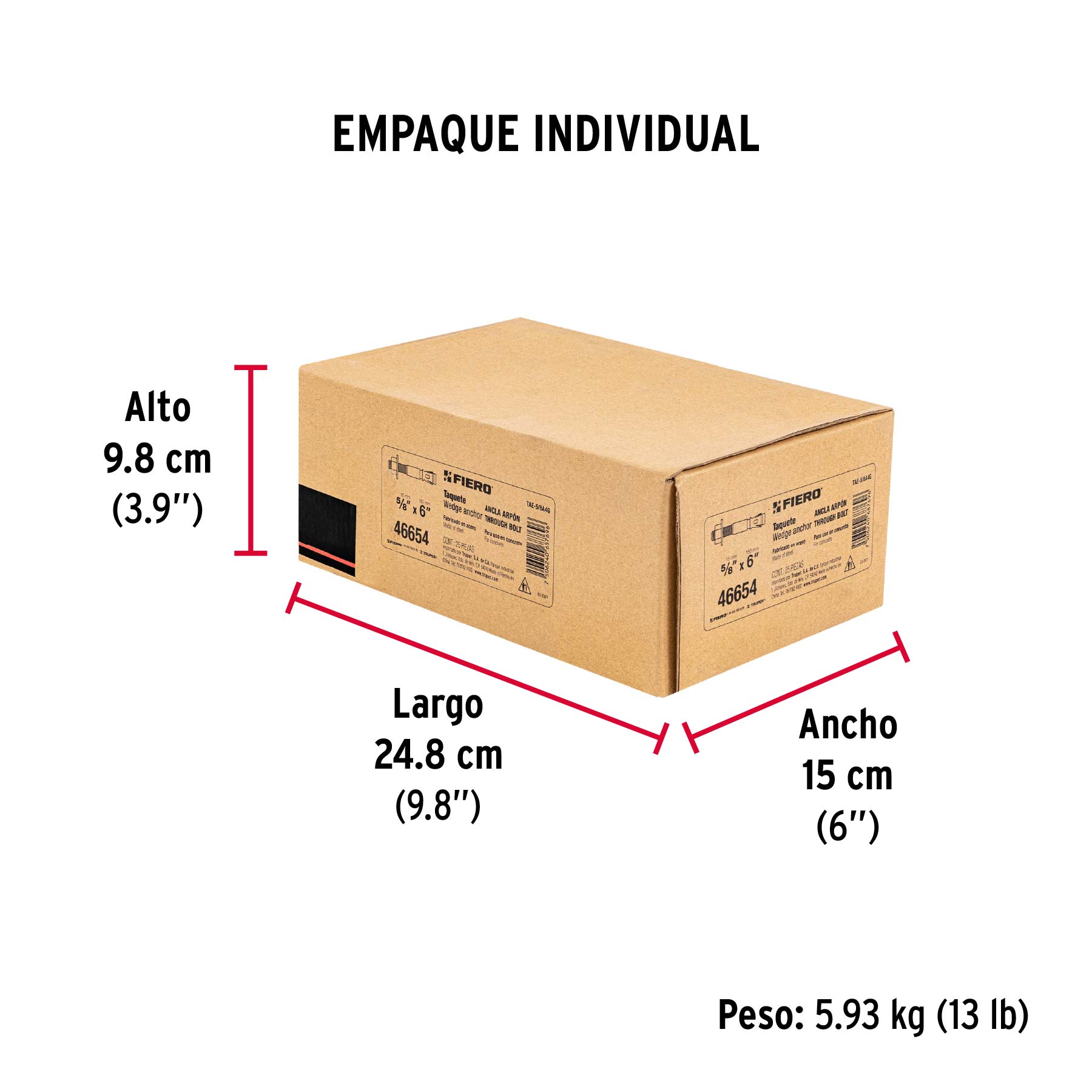 Caja con 25 taquetes arpón de 5/8" x 6", FIERO - Empaque