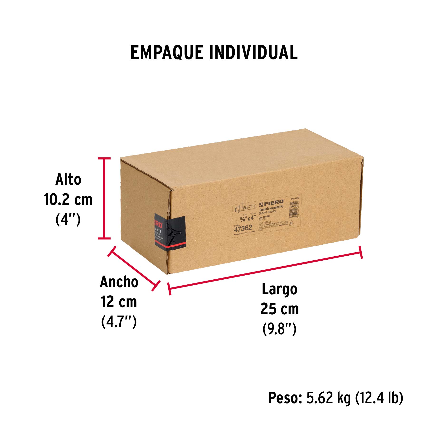 Caja con 25 taquetes expansivos de 5/8" con tornillo, FIERO - Empaque
