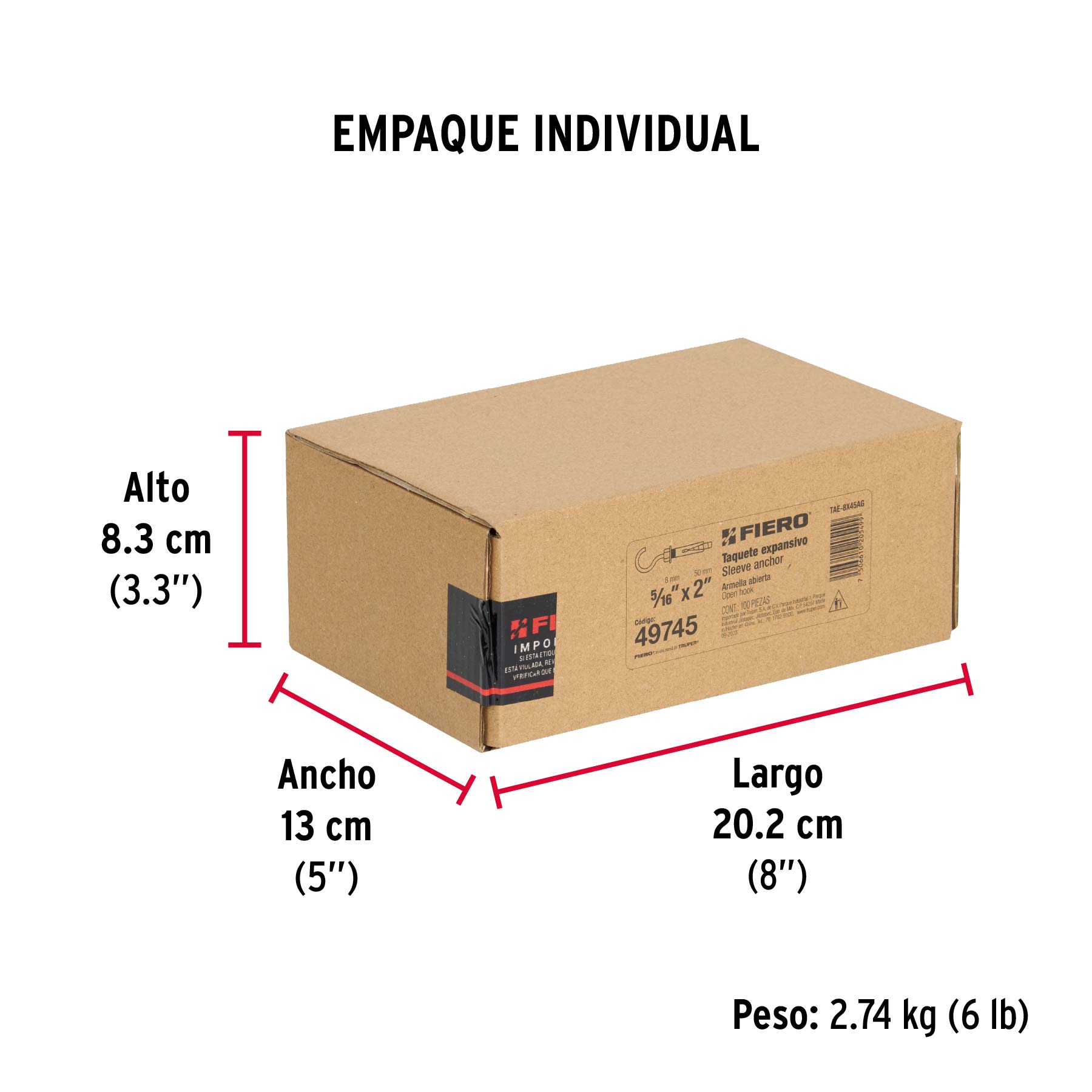 Caja con 100 taquetes expansivos 8x50 mm con armella abierta - Empaque