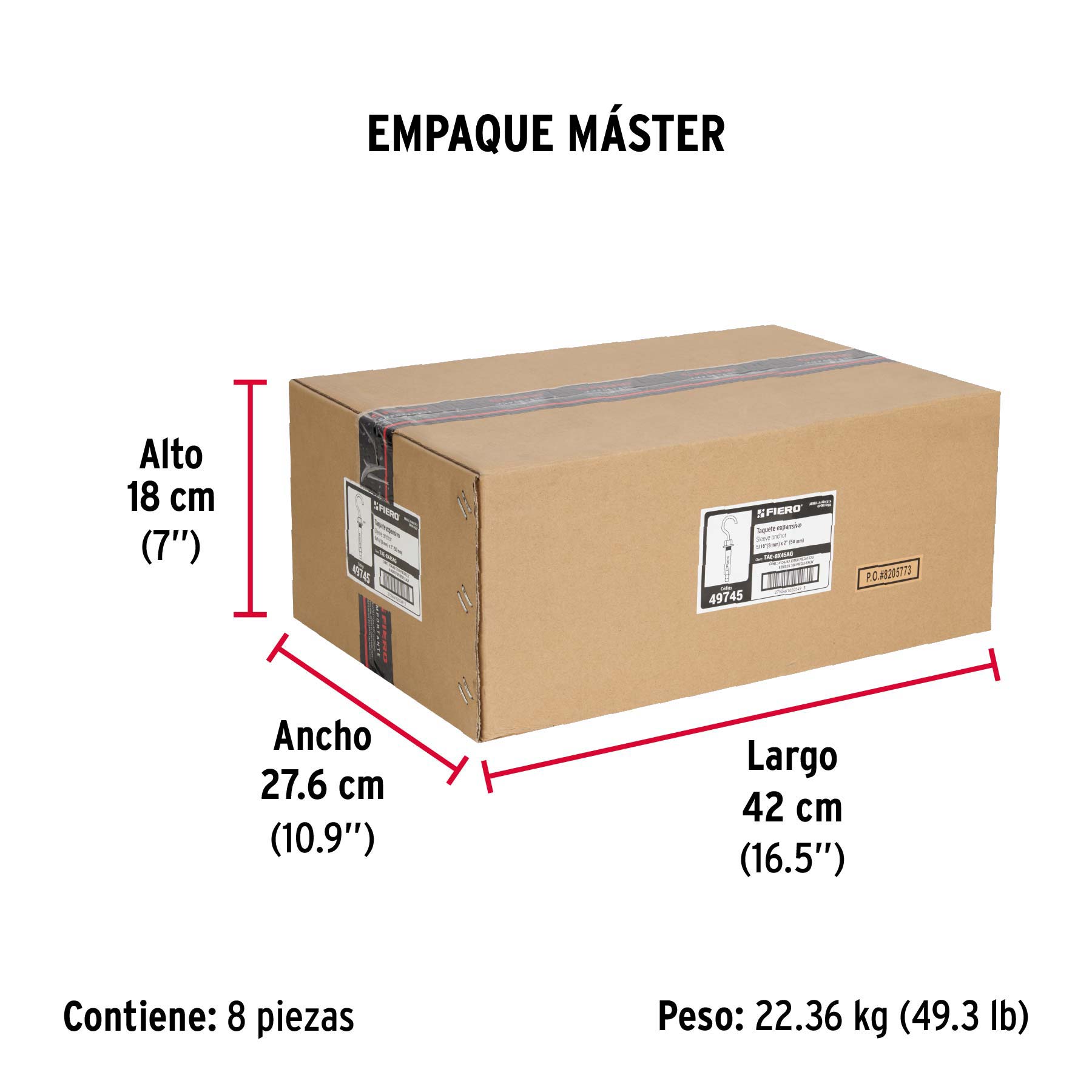 Caja con 100 taquetes expansivos 8x50 mm con armella abierta - Empaque