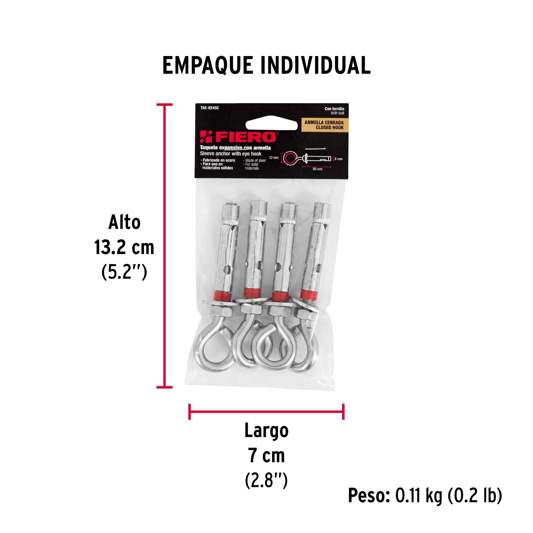 Bolsa con 4 taquetes expansivos 8x50 mm con armella cerrada - Empaque