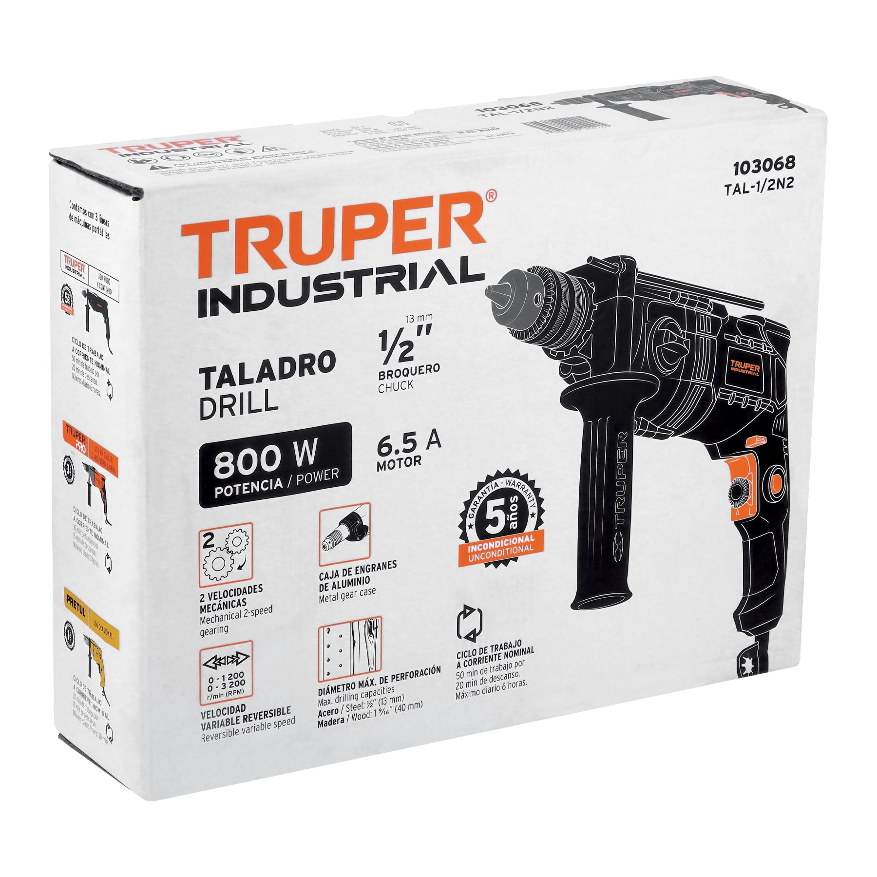Taladro/destornillador 1/2", 800W dos velocidades,INDUSTRIAL