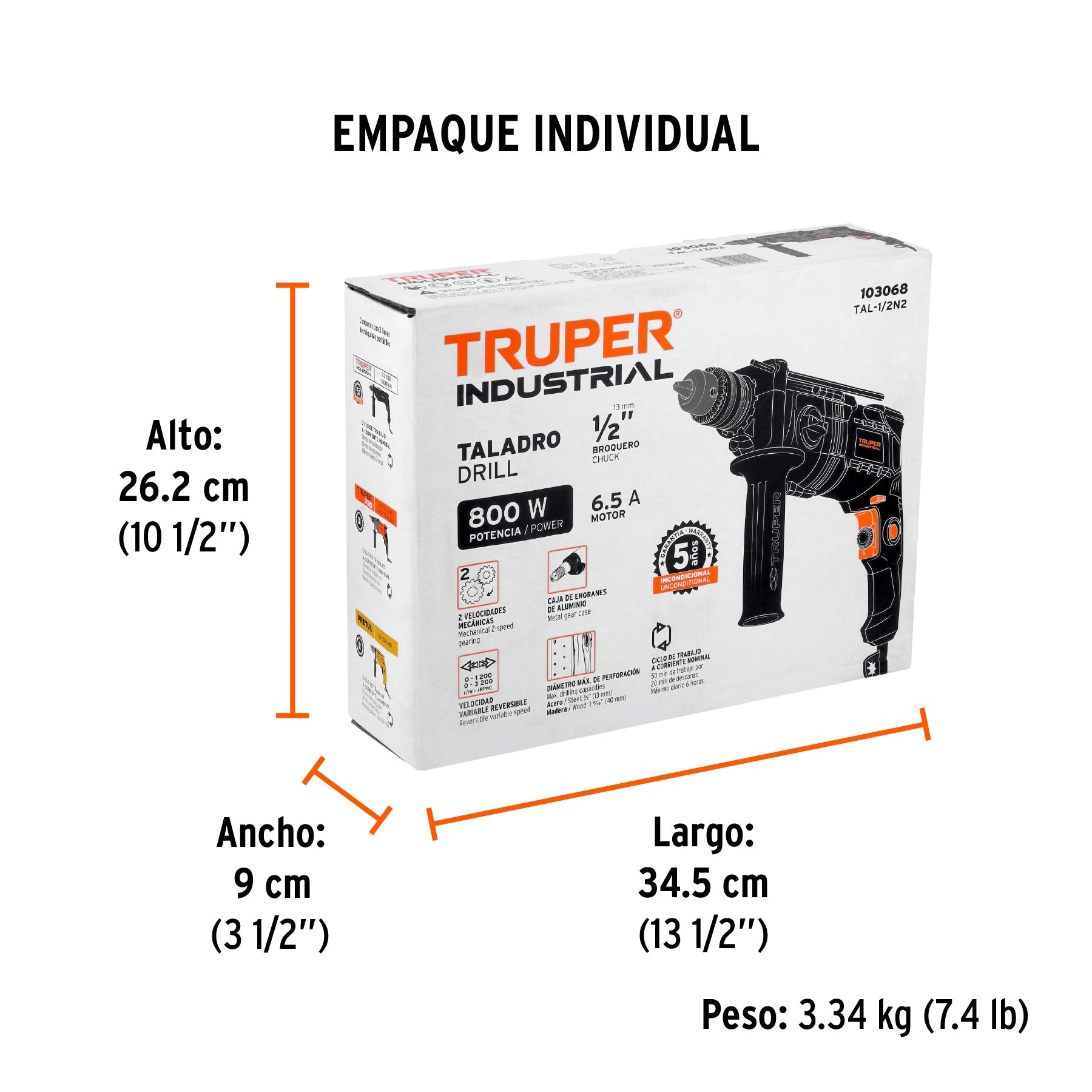 Taladro/destornillador 1/2", 800W dos velocidades,INDUSTRIAL - Empaque