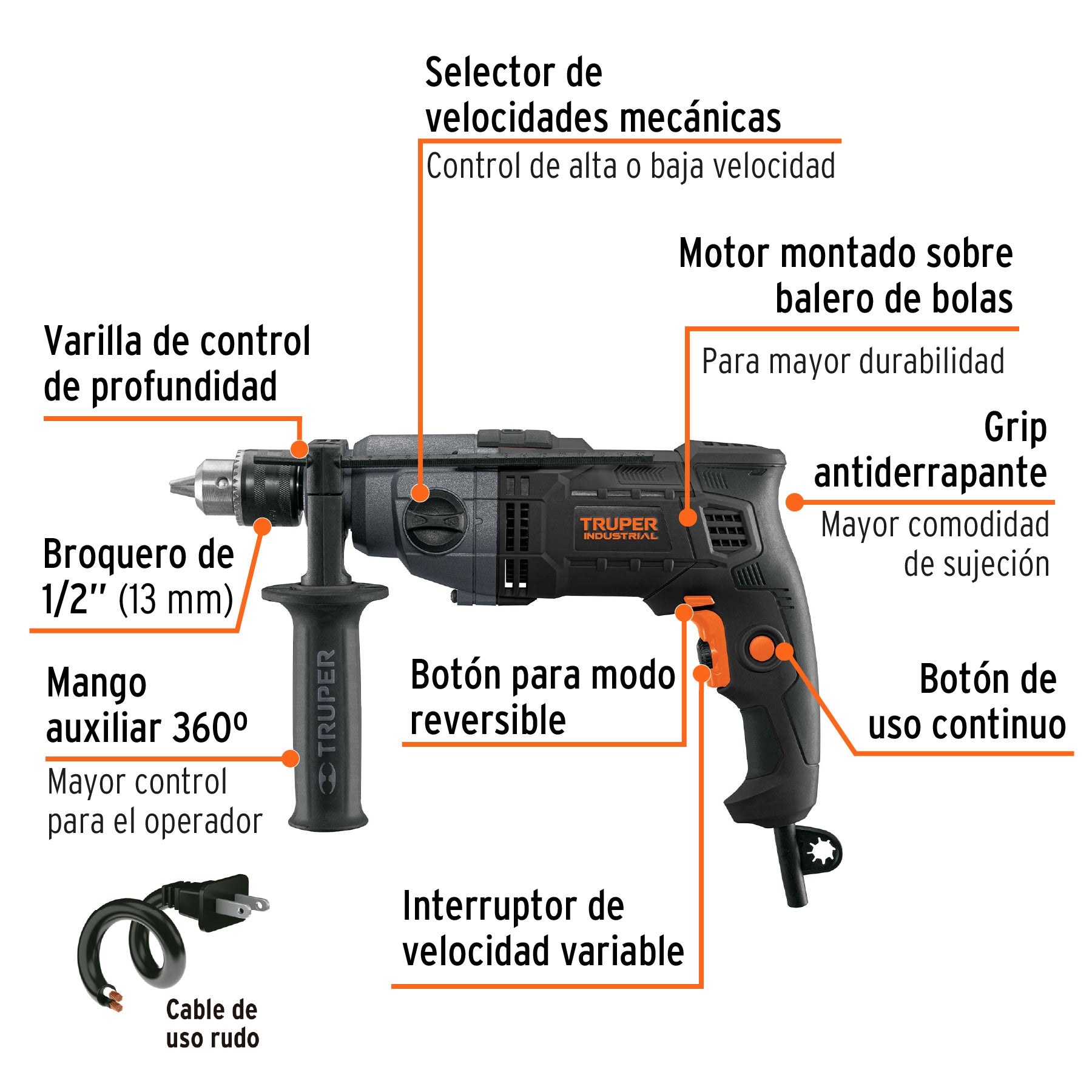 Taladro/destornillador 1/2", 800W dos velocidades,INDUSTRIAL