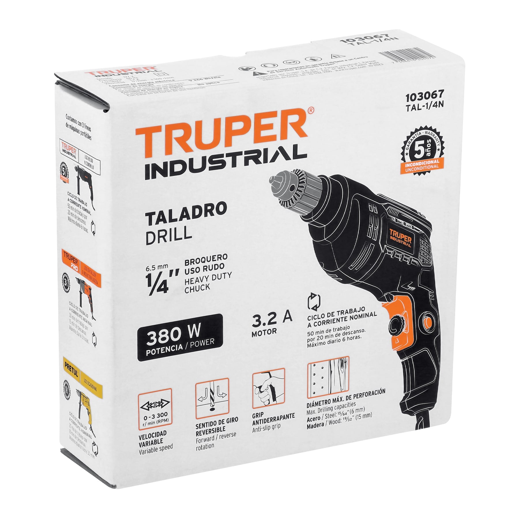 Taladro/destornillador 1/4", 380W, TRUPER INDUSTRIAL