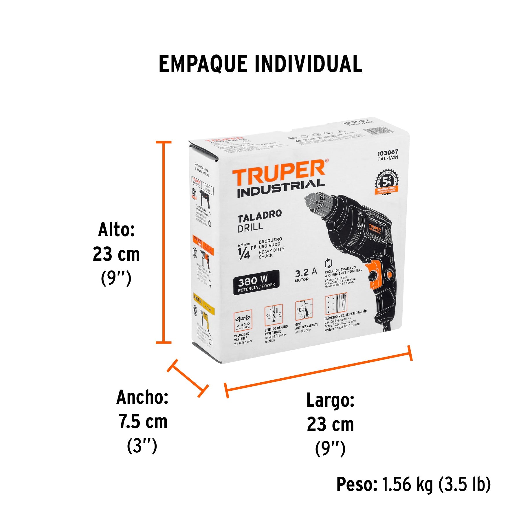 Taladro/destornillador 1/4", 380W, TRUPER INDUSTRIAL - Empaque