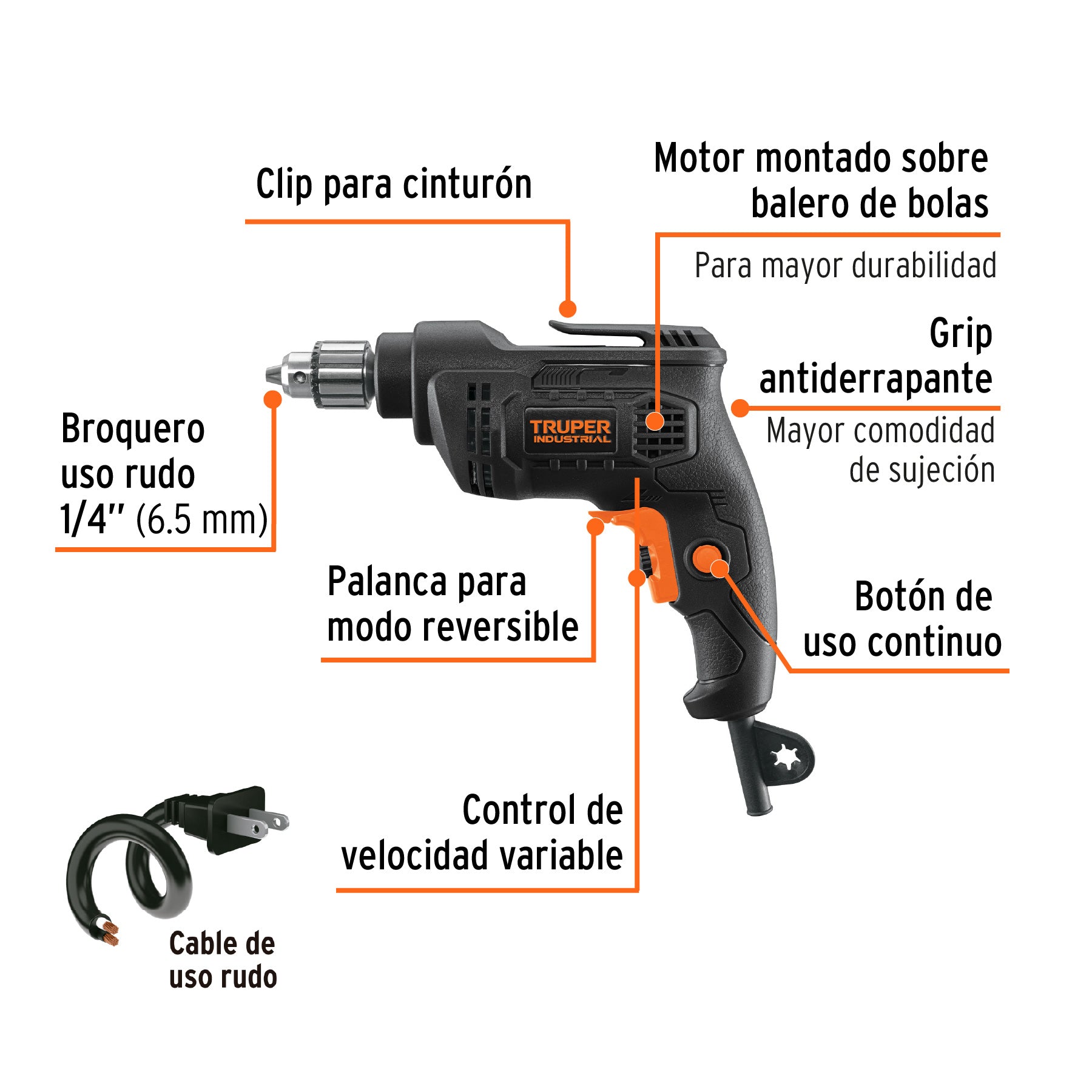 Taladro/destornillador 1/4", 380W, TRUPER INDUSTRIAL