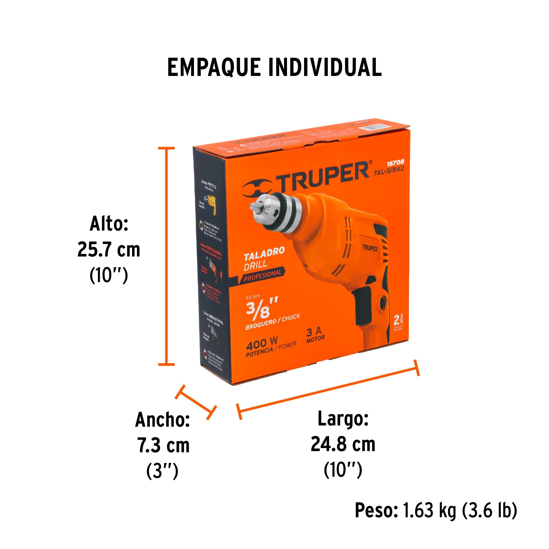 Taladro/destornillador 3/8", 400W, TRUPER PRO - Empaque