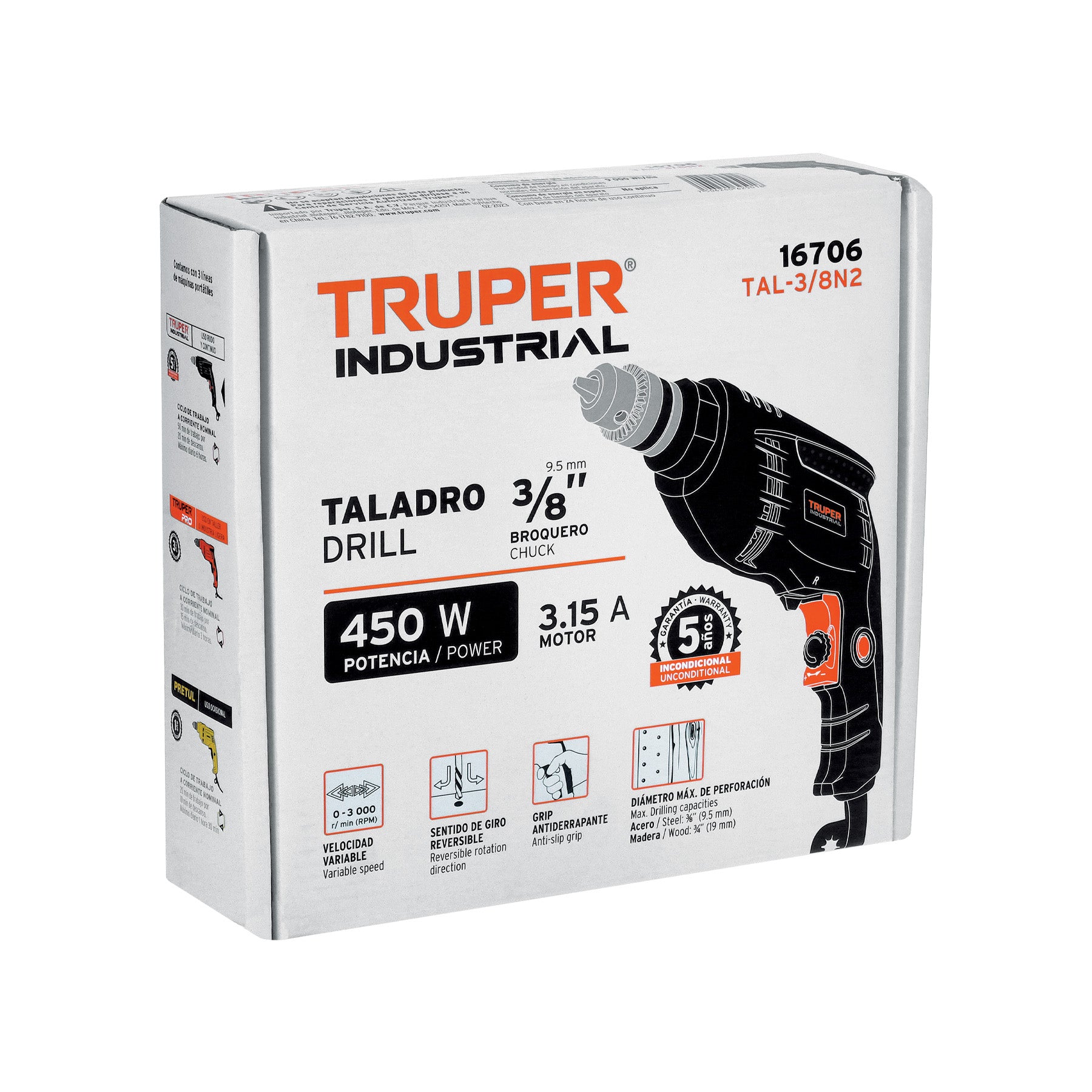 Taladro/destornillador 3/8", 450W, TRUPER INDUSTRIAL