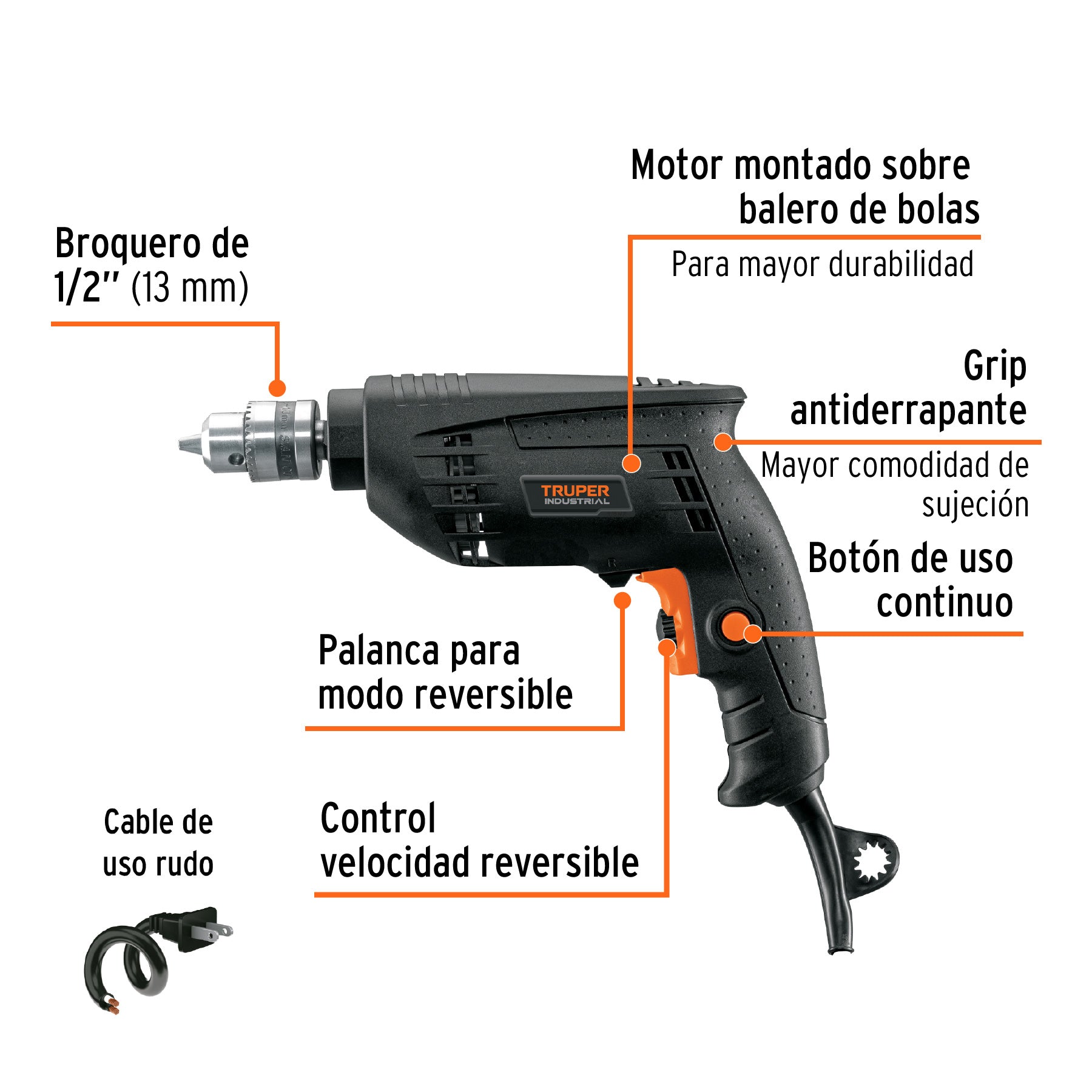 Taladro/destornillador 3/8", 450W, TRUPER INDUSTRIAL