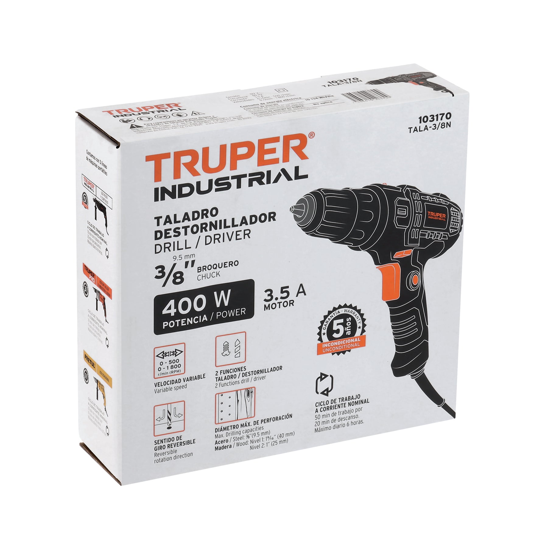 Taladro/destornillador 3/8", 400W, TRUPER INDUSTRIAL