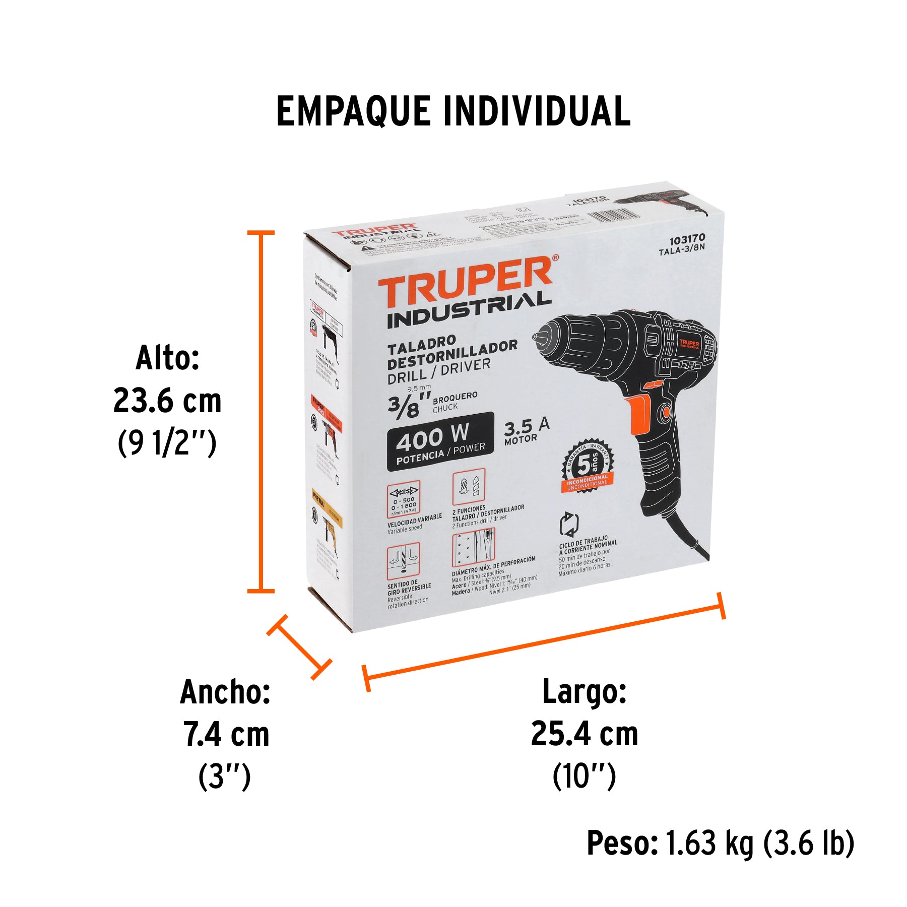 Taladro/destornillador 3/8", 400W, TRUPER INDUSTRIAL - Empaque