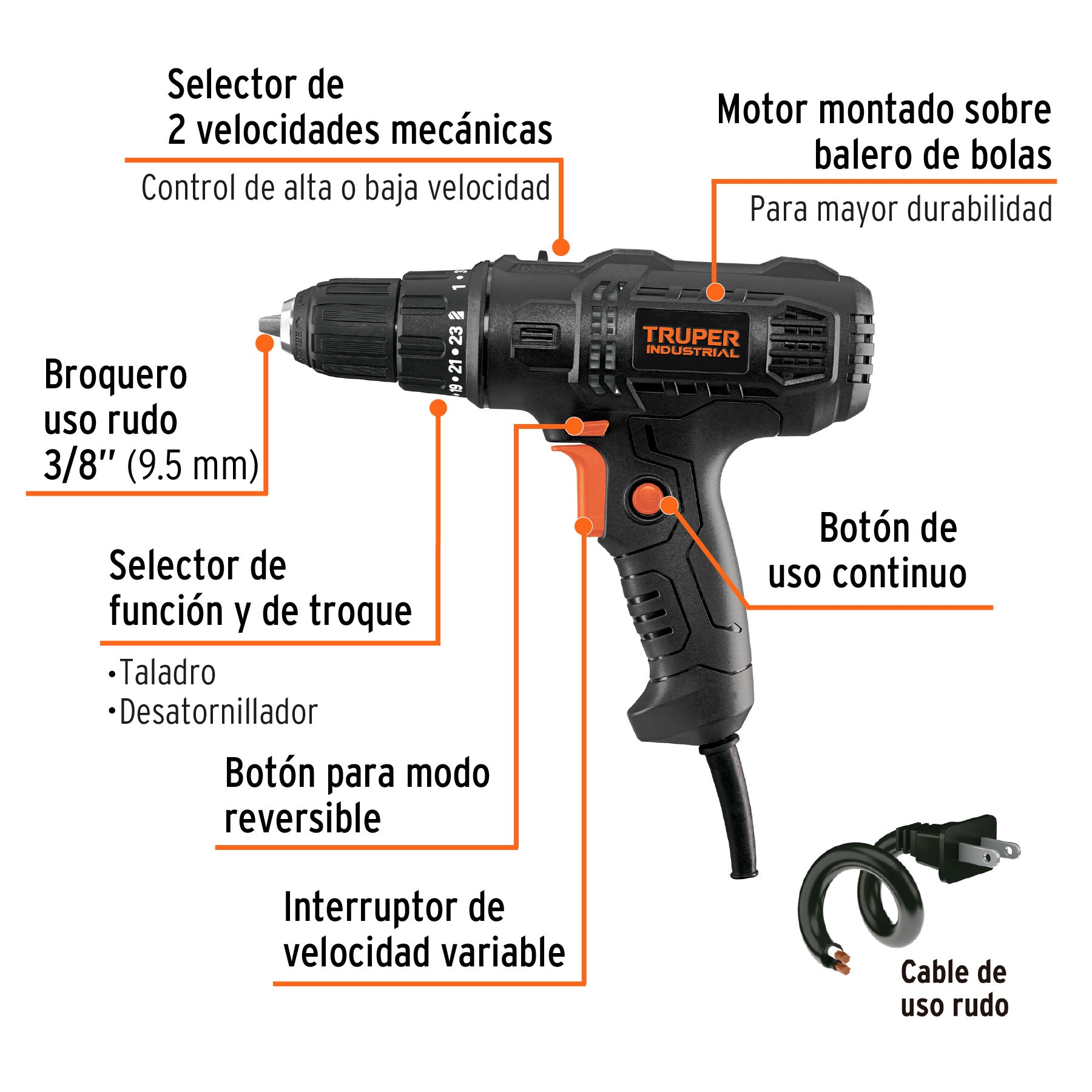 Taladro/destornillador 3/8", 400W, TRUPER INDUSTRIAL