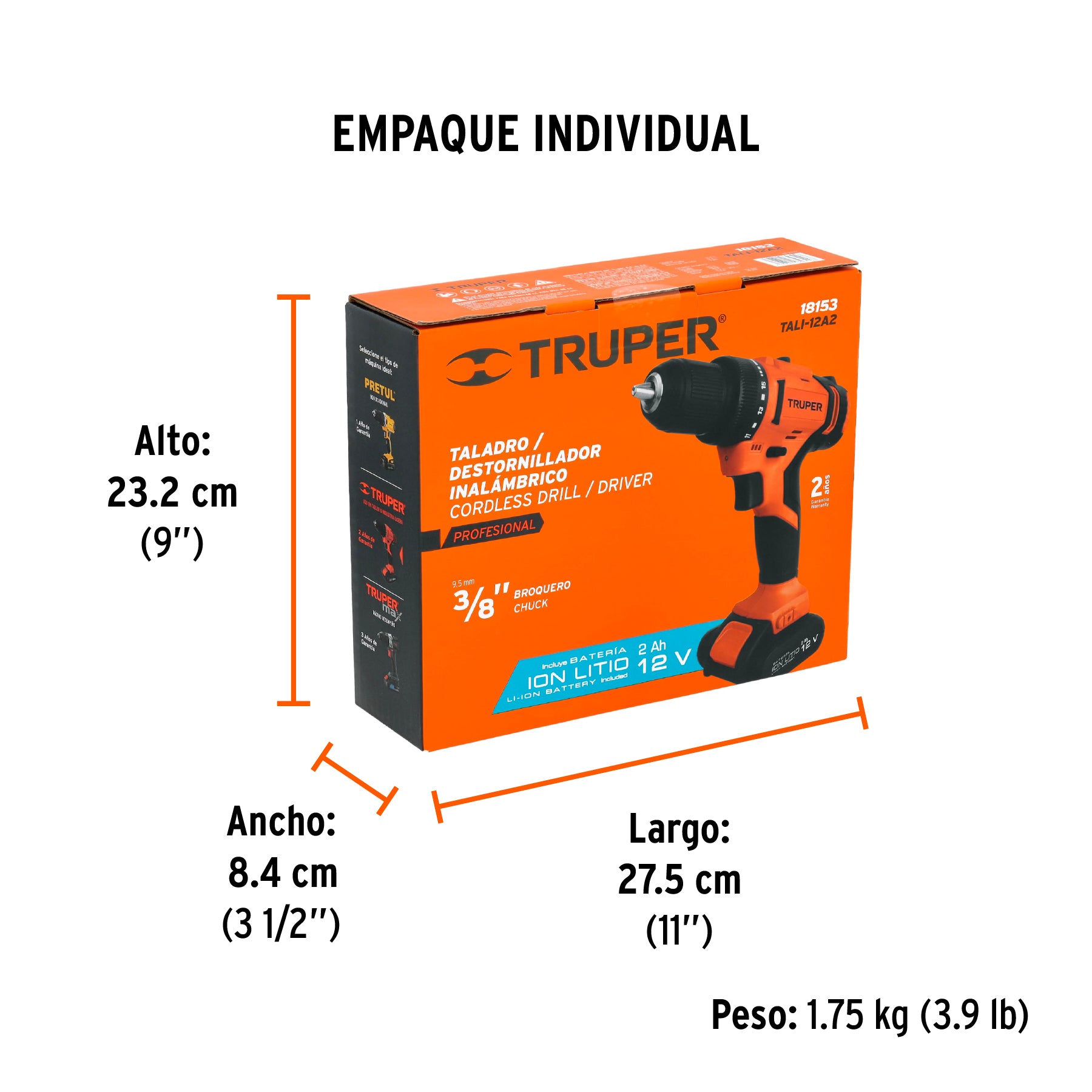Taladro/destornillador 3/8", 12V, 1 batería 2Ah, PRO - Empaque