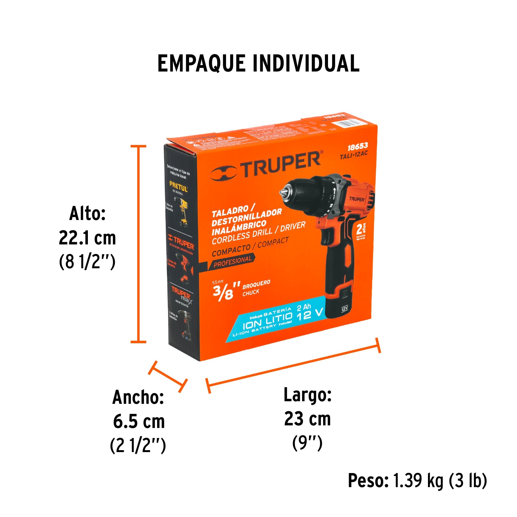 Taladro/destornillador compacto 3/8", 12V, 1 bat 2Ah, PRO - Empaque
