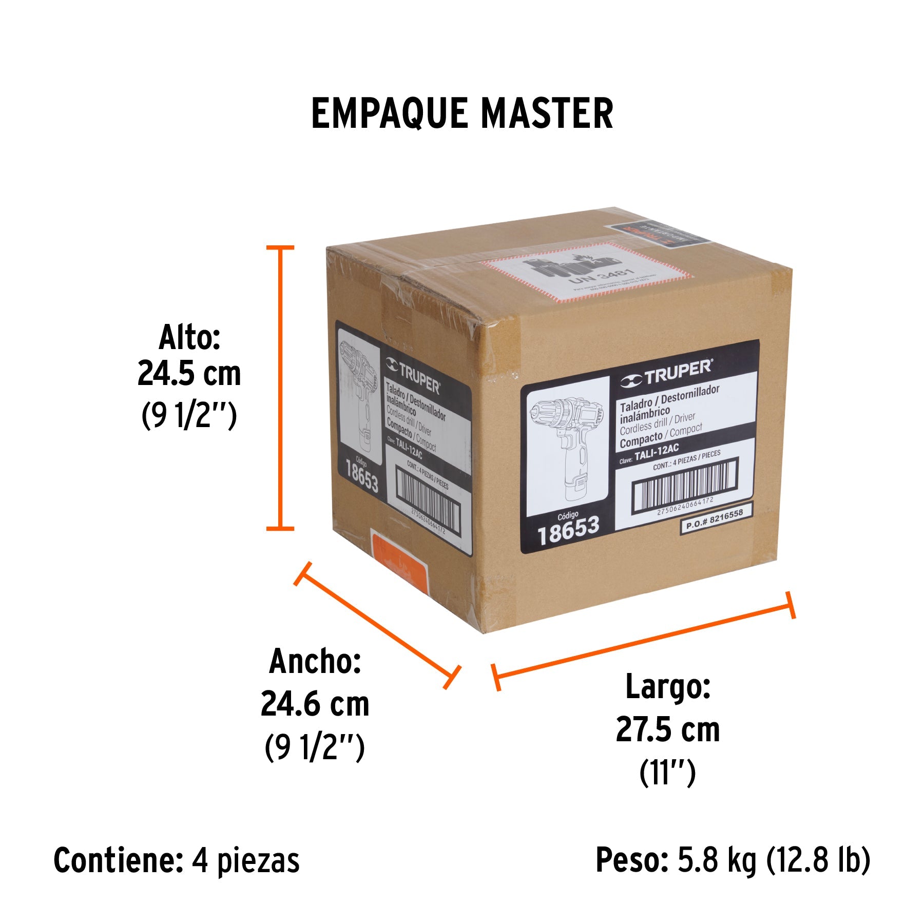 Taladro/destornillador compacto 3/8", 12V, 1 bat 2Ah, PRO - Empaque