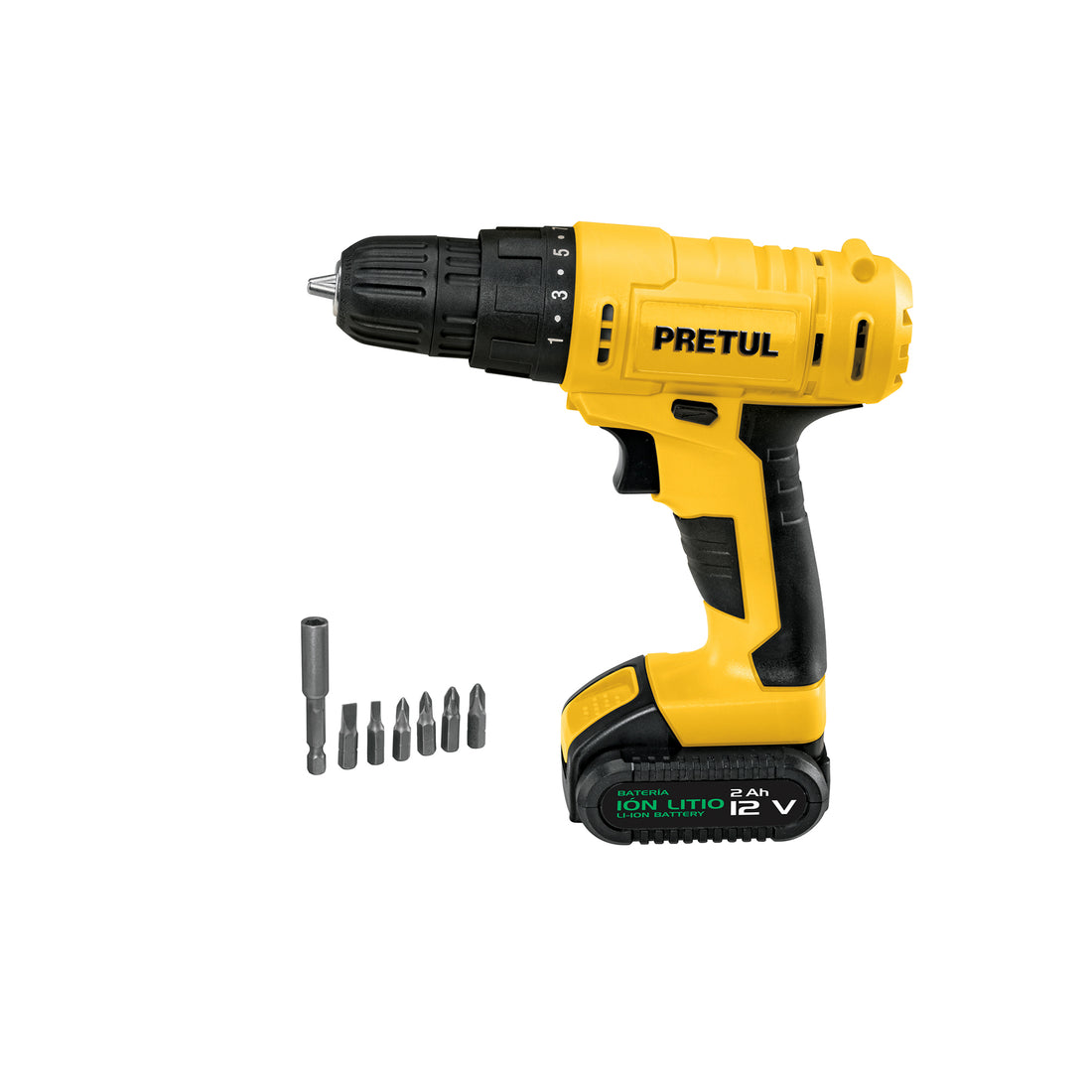 Taladro/destornillador 3/8", 12V, 1 batería 2Ah, PRETUL
