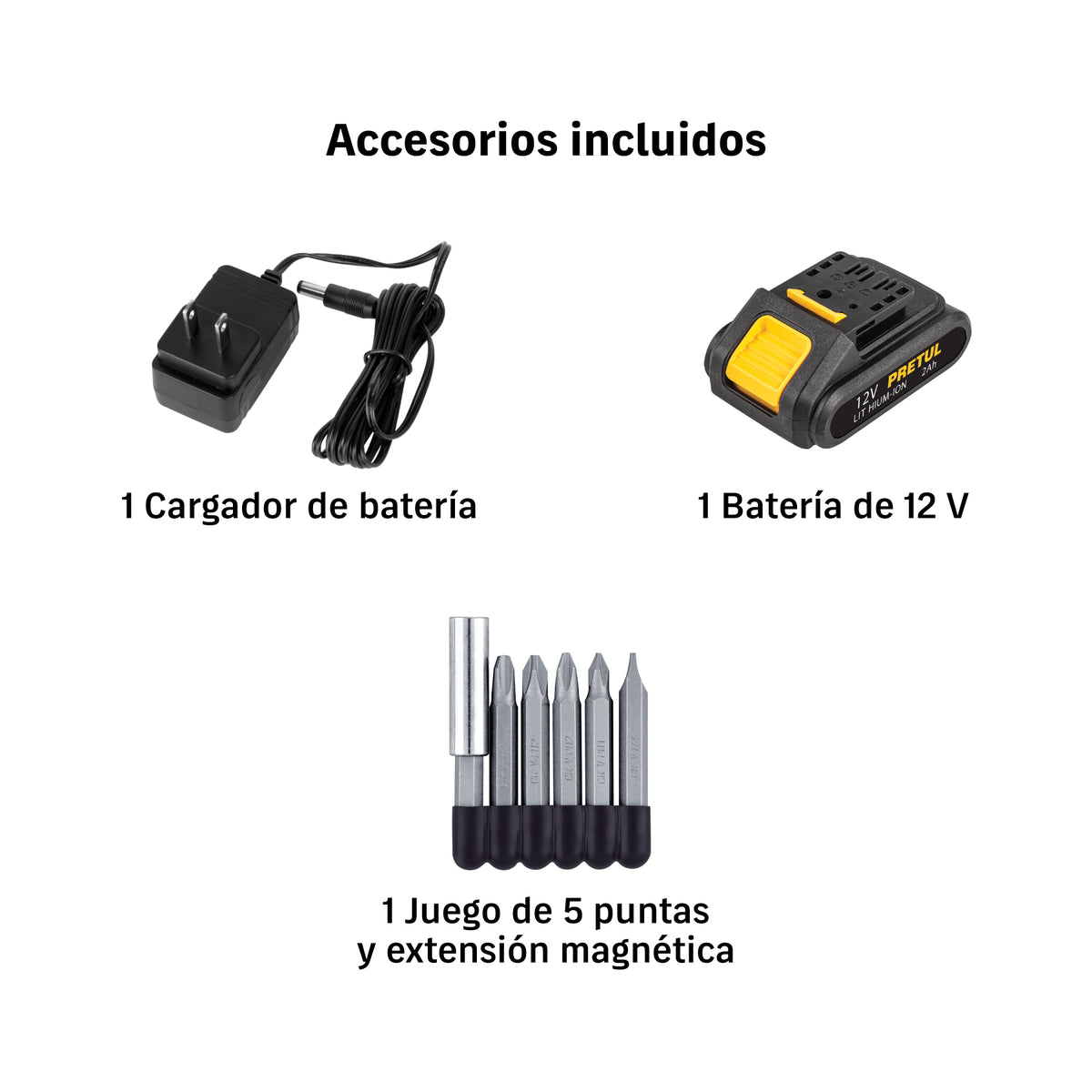 Taladro/destornillador 3/8", 12V, 1 batería 2Ah, PRETUL
