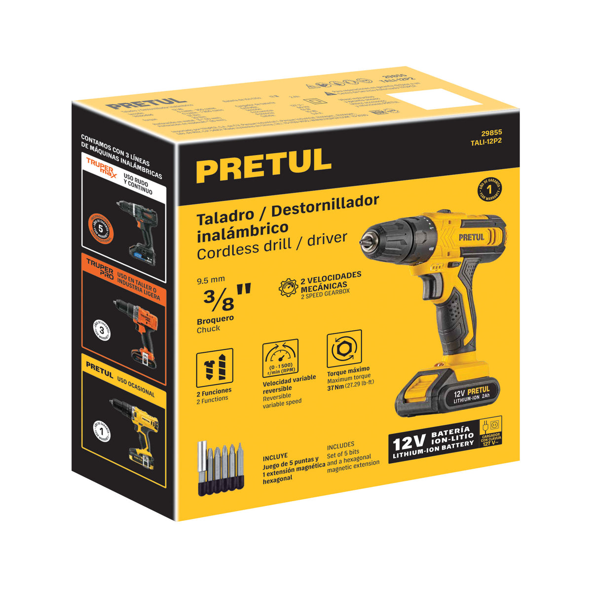 Taladro/destornillador 3/8", 12V, 1 batería 2Ah, PRETUL