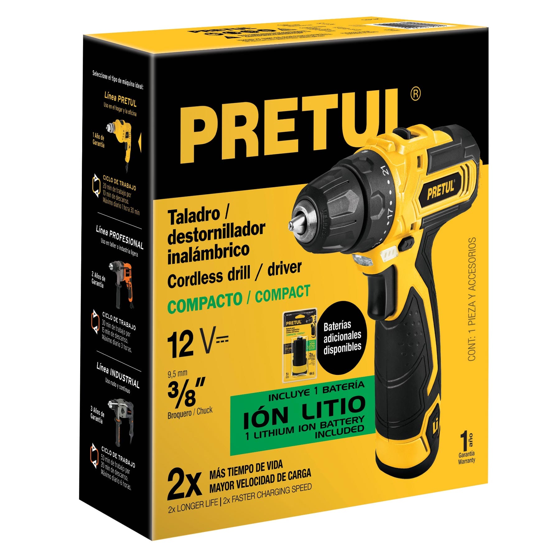 Taladro compacto 3/8", 12V, 1 batería 1.3Ah, PRETUL