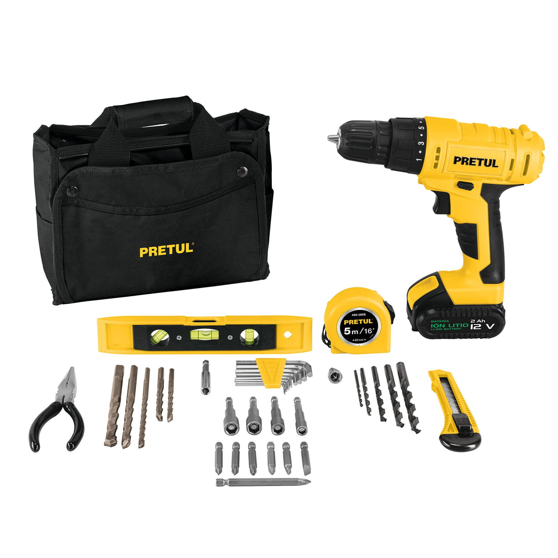Kit taladro 3/8", 12V, 35 accesorios, en maleta, PRETUL