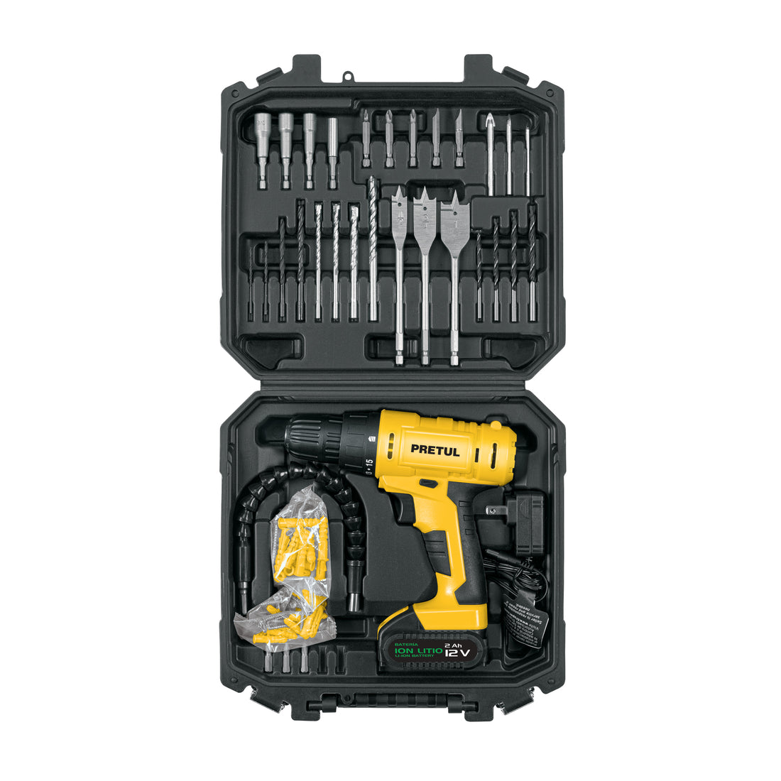 Kit taladro/destornillador 3/8", 12V, 33, PRETUL