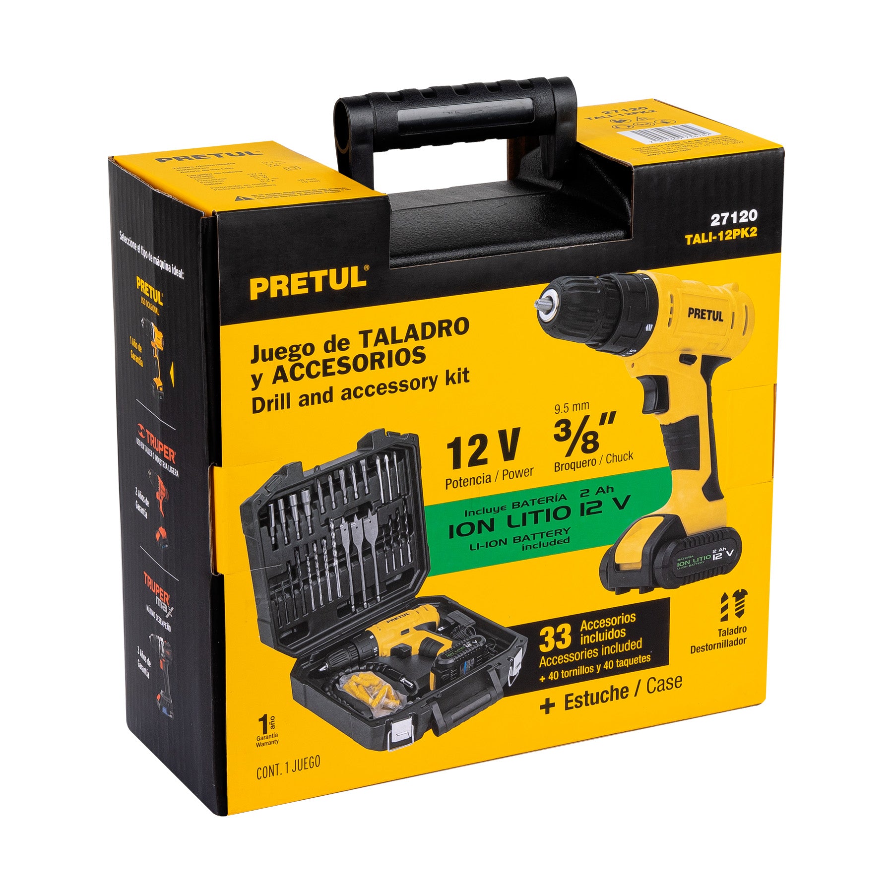 Kit taladro/destornillador 3/8", 12V, 33, PRETUL