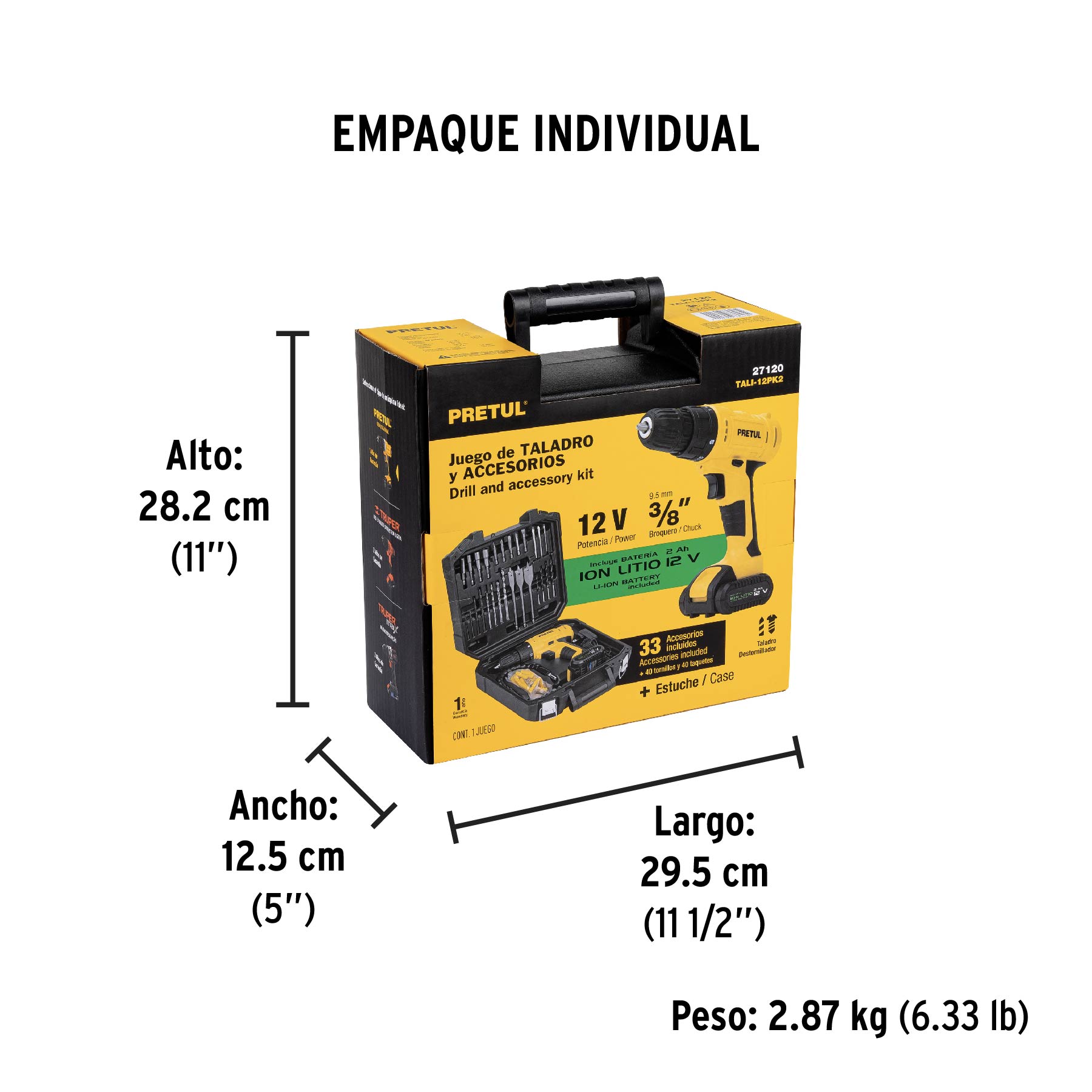 Kit taladro/destornillador 3/8", 12V, 33, PRETUL - Empaque