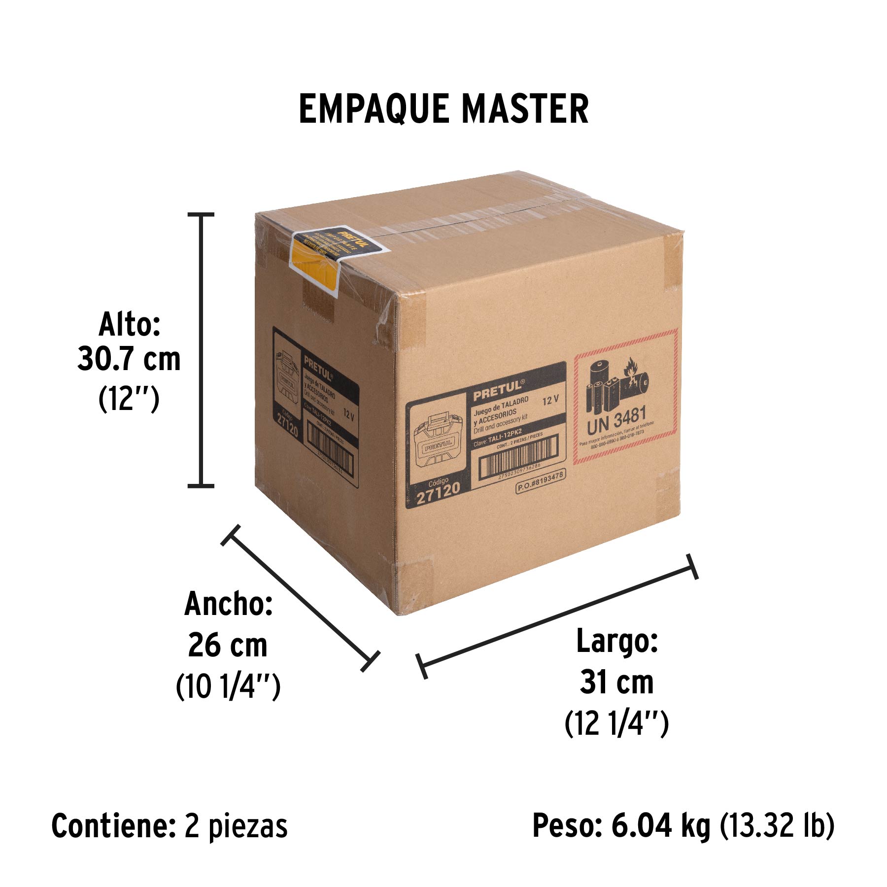 Kit taladro/destornillador 3/8", 12V, 33, PRETUL - Empaque