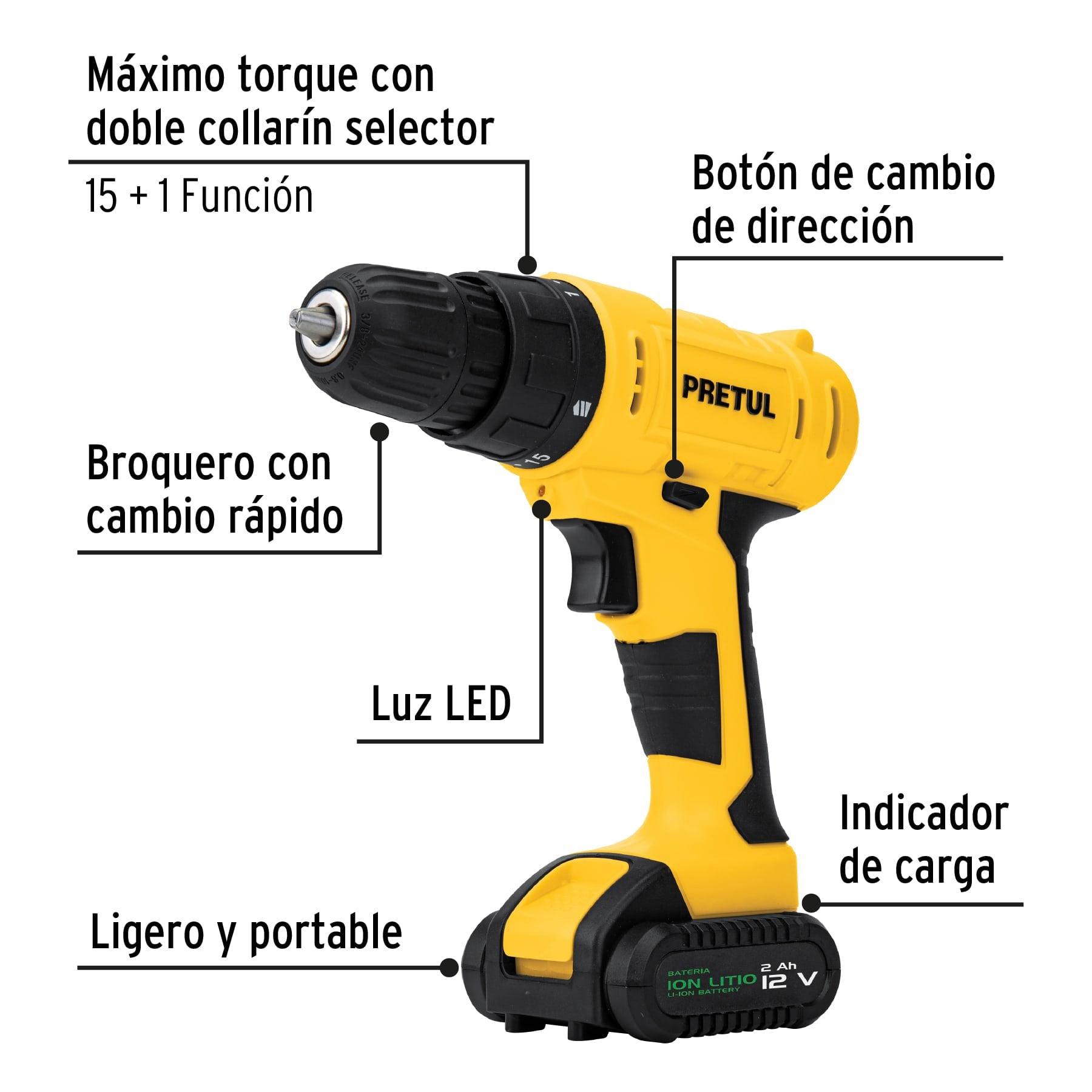 Kit taladro/destornillador 3/8", 12V, 33, PRETUL