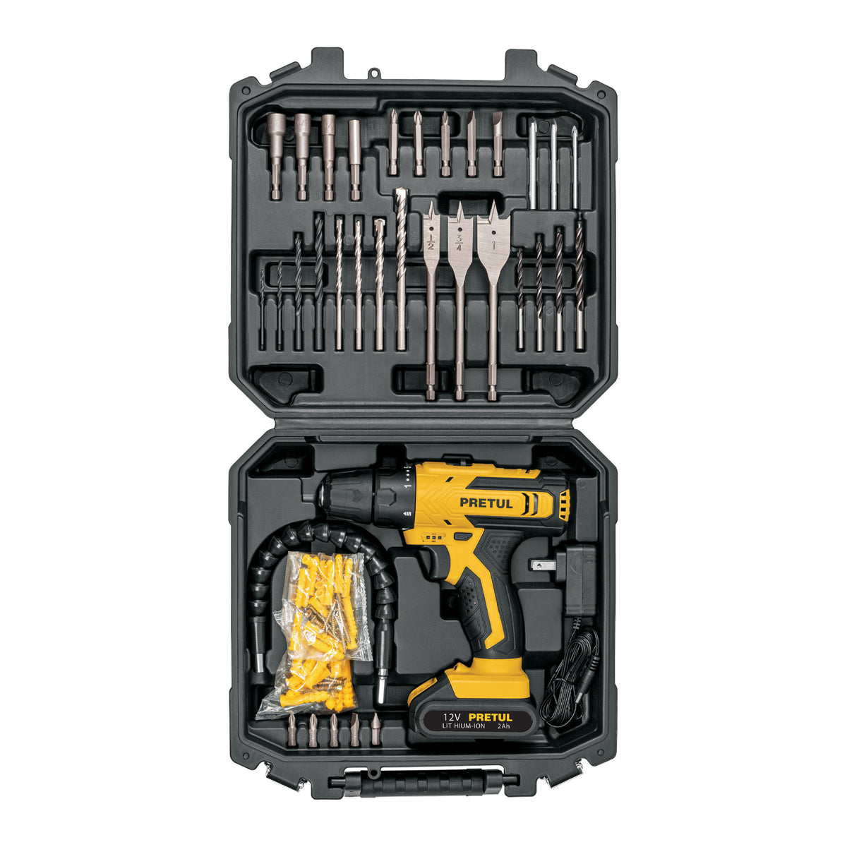 Kit taladro/destornillador 3/8", 12V, 33 accesorios, PRETUL