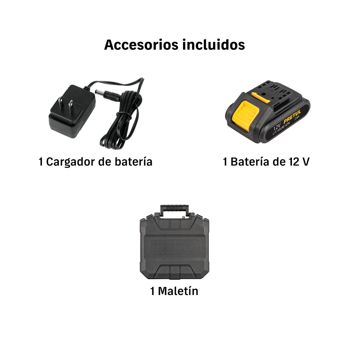 Kit taladro/destornillador 3/8", 12V, 33 accesorios, PRETUL