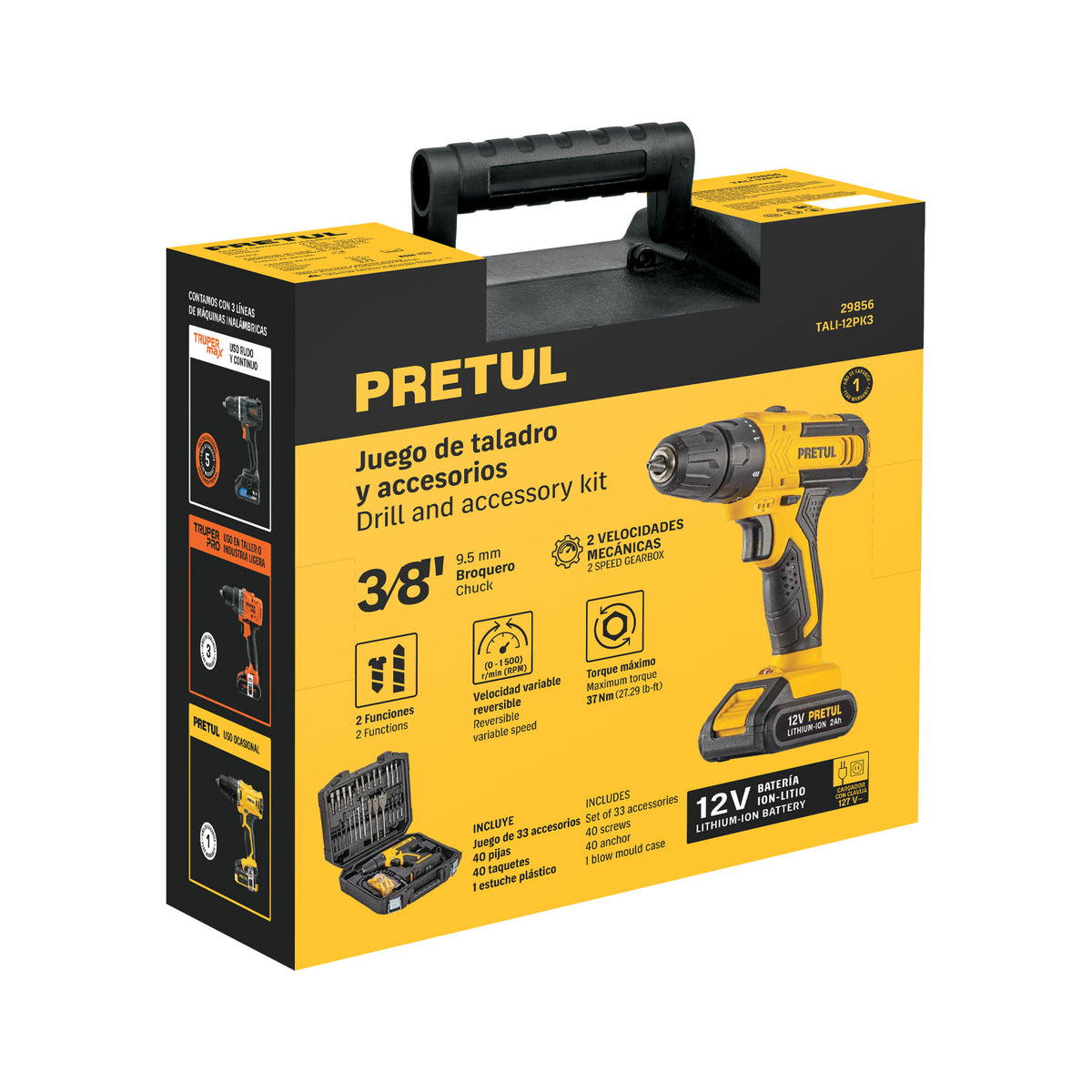 Kit taladro/destornillador 3/8", 12V, 33 accesorios, PRETUL