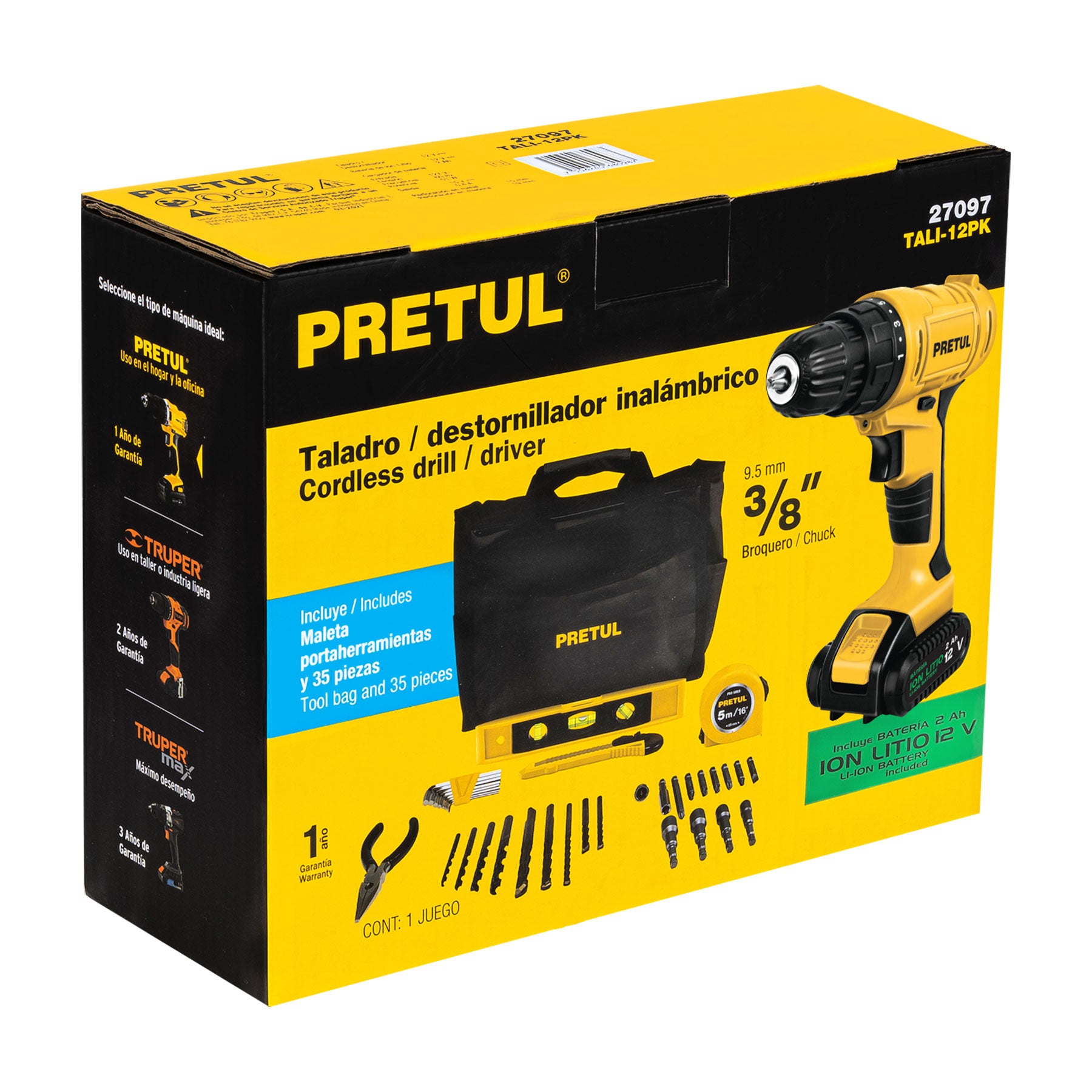 Kit taladro 3/8", 12V, 35 accesorios, en maleta, PRETUL